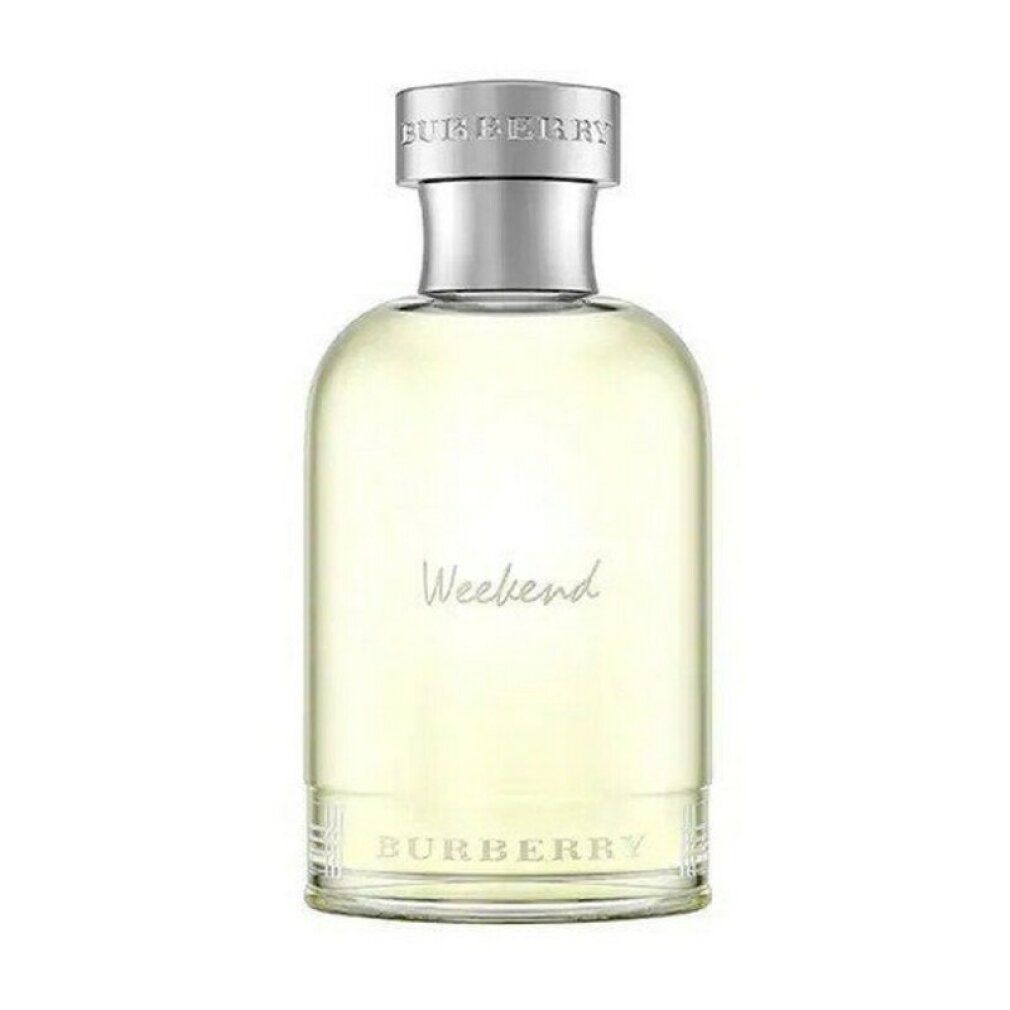 Burberry Weekend fles. Transparante fles met zilveren dop. Opschrift 'Weekend' en 'Burberry'.