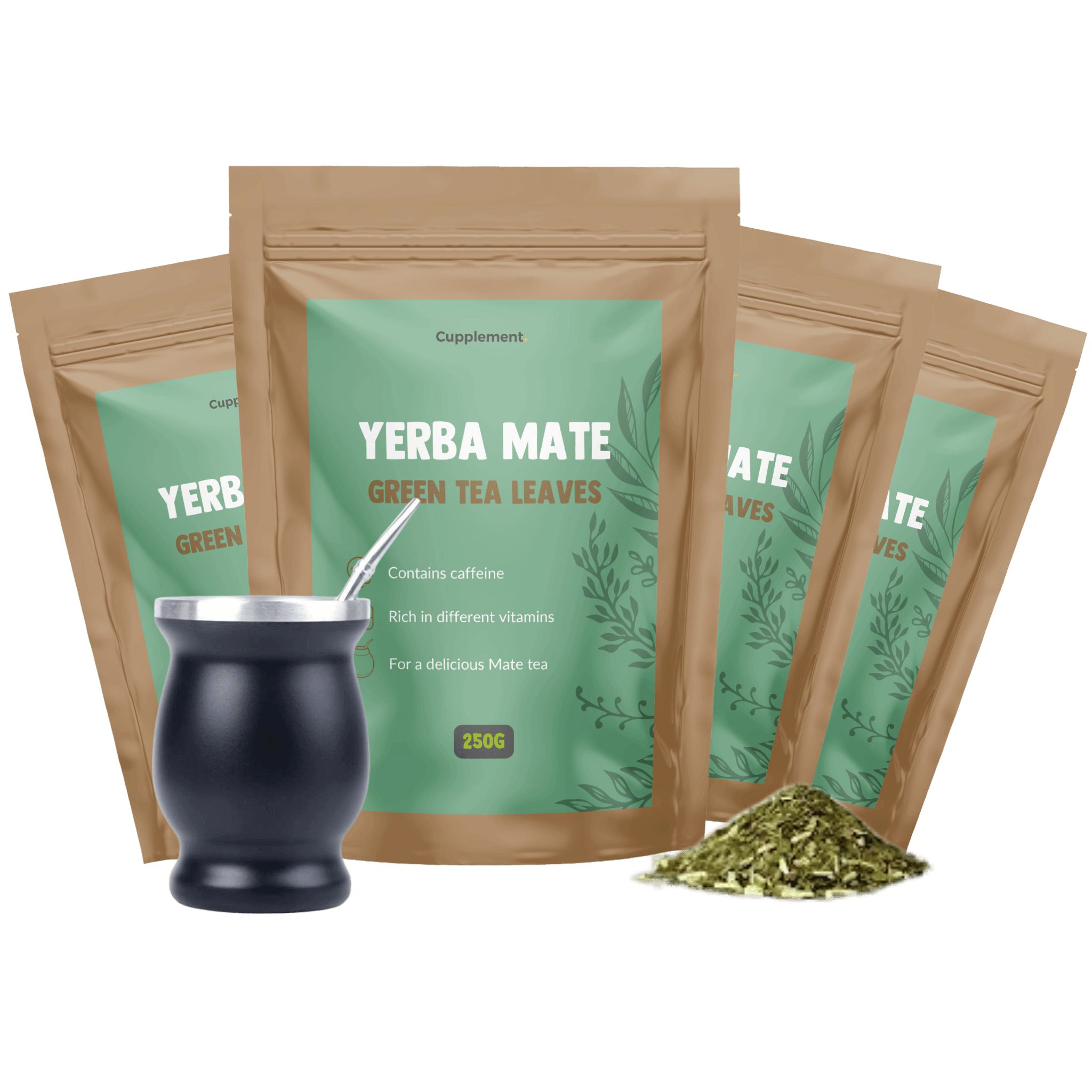 Vier zakjes Yerba Mate-thee, een zwarte beker met een rietje en losse thee. Opschrift: Yerba Mate Green Tea Leaves.