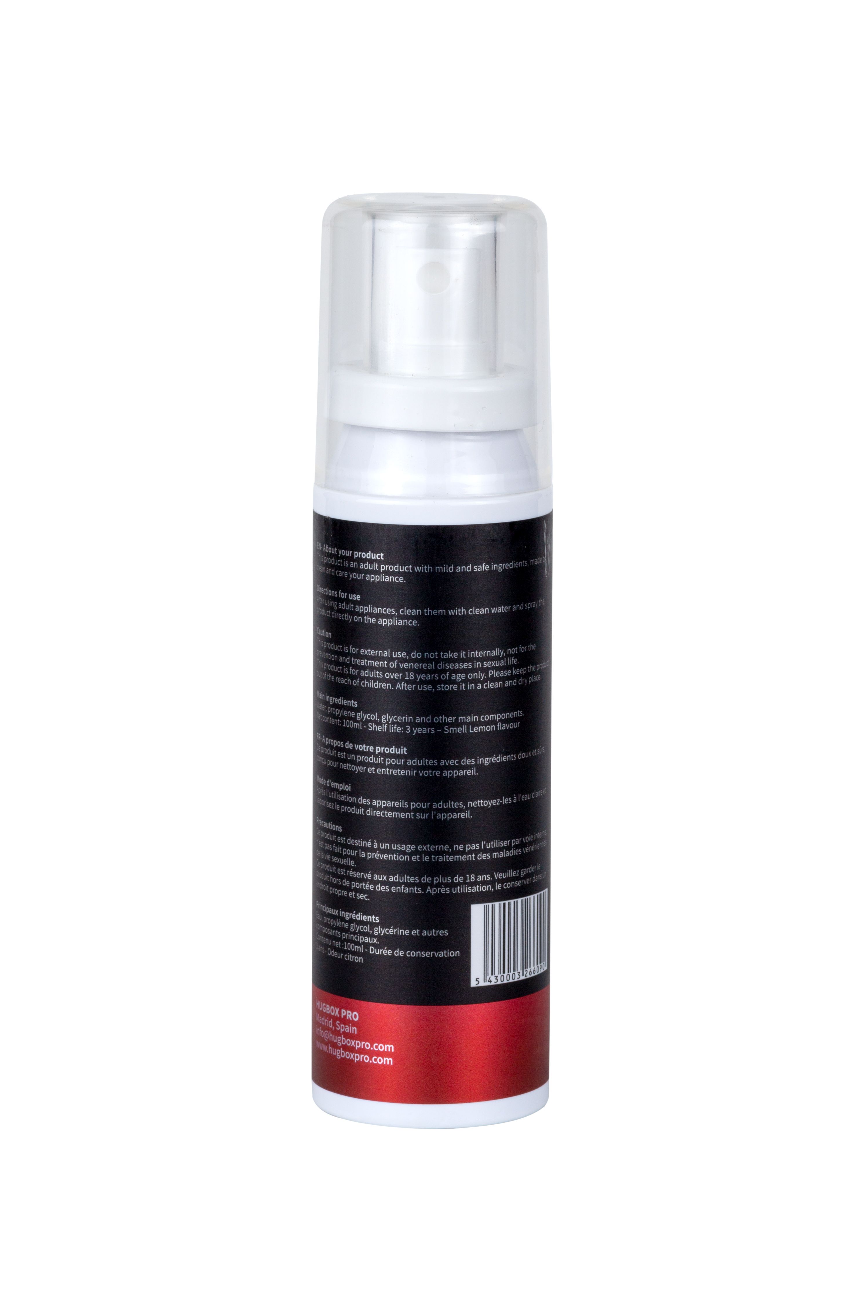 Spray blanc avec étiquette noire. Texte: 'Cleanser PRO'.