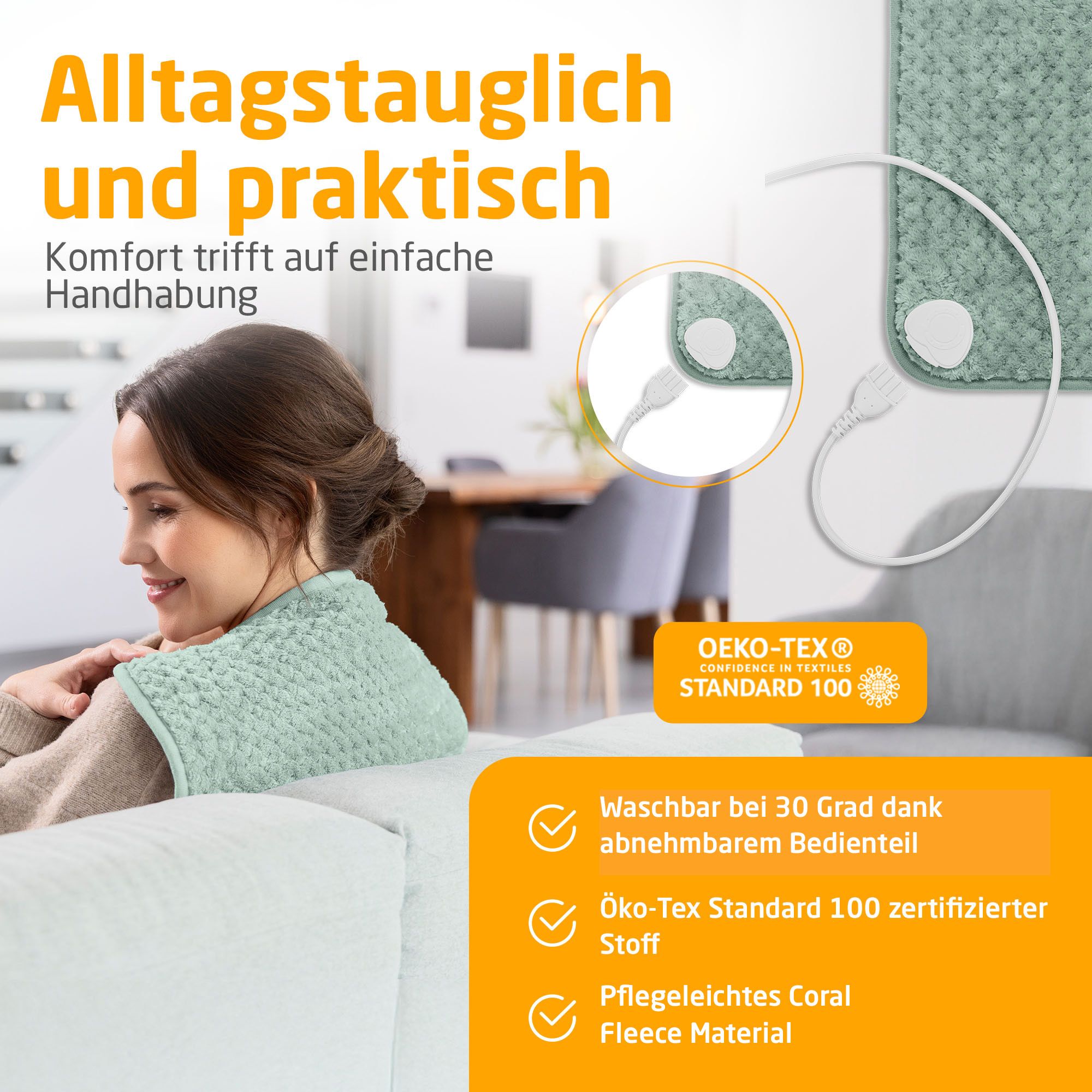 Coussin chauffant vert avec câble. Lavable à 30°. Certifié Oeko-Tex Standard 100. Matière polaire corail facile d'entretien.