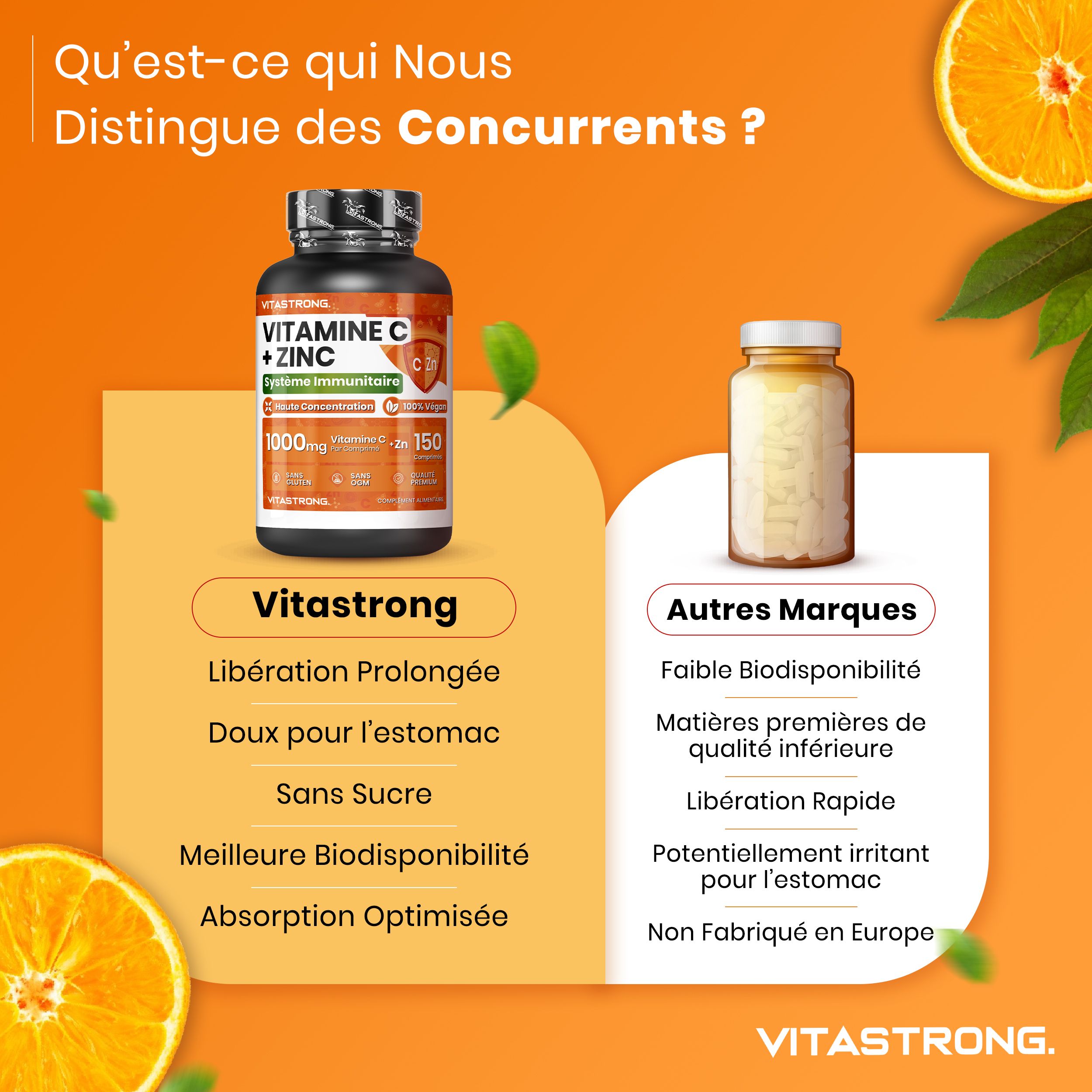 Vitastrong Vitamine C + Zink fles, sinaasappels. Tekst over gezondheidsvoordelen.