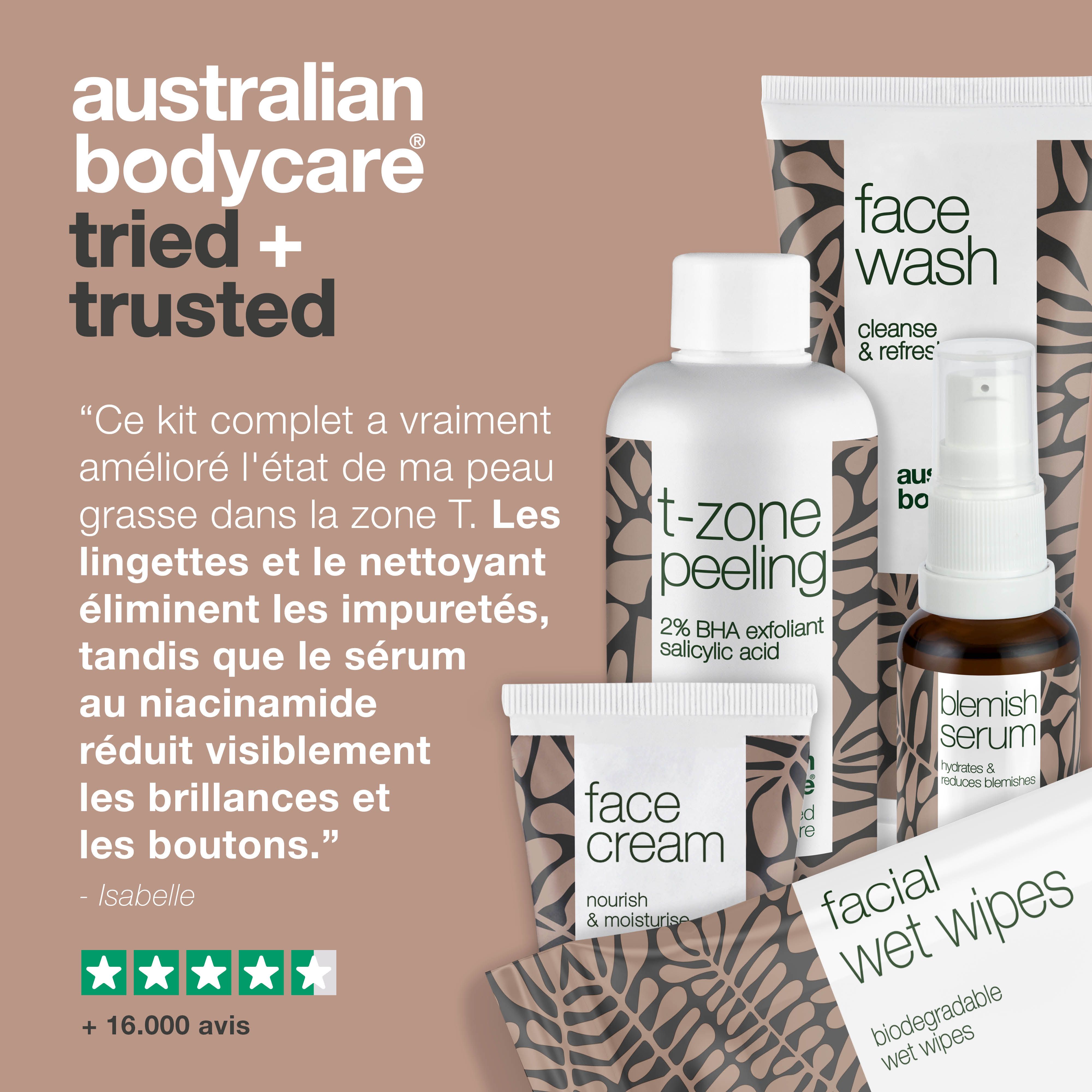 Produit : Peeling zone T. Bouteille avec texte et flèches. Emballage 100% recyclable.