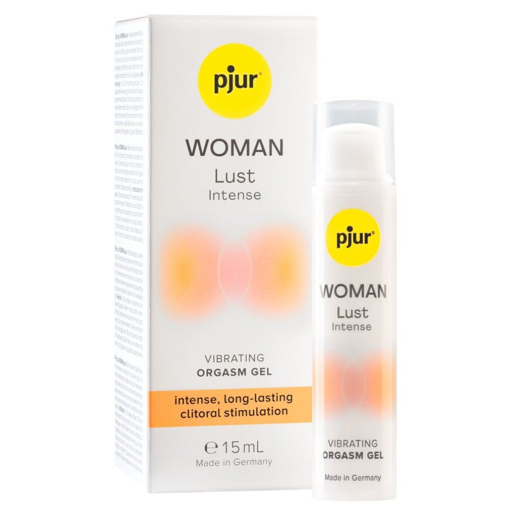 Emballage et flacon du produit. Texte: WOMAN Lust Intense, Vibrating Orgasm Gel, intense, long-lasting clitoral stimulation, e 15ml, Made in Germany.