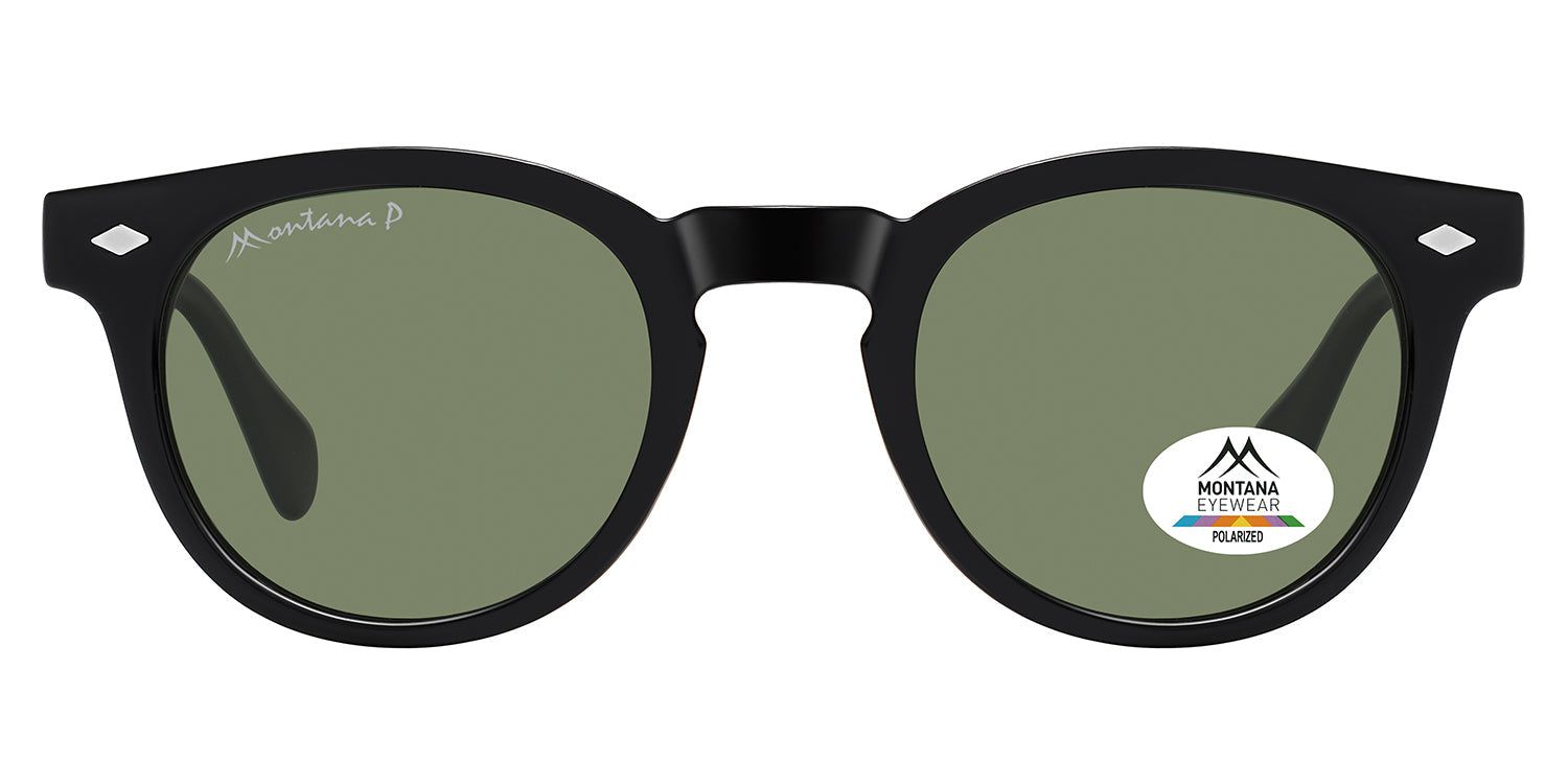 Lunettes de soleil noires, verres ronds. Logo Montana Eyewear sur la branche. Verres polarisés avec autocollant logo.