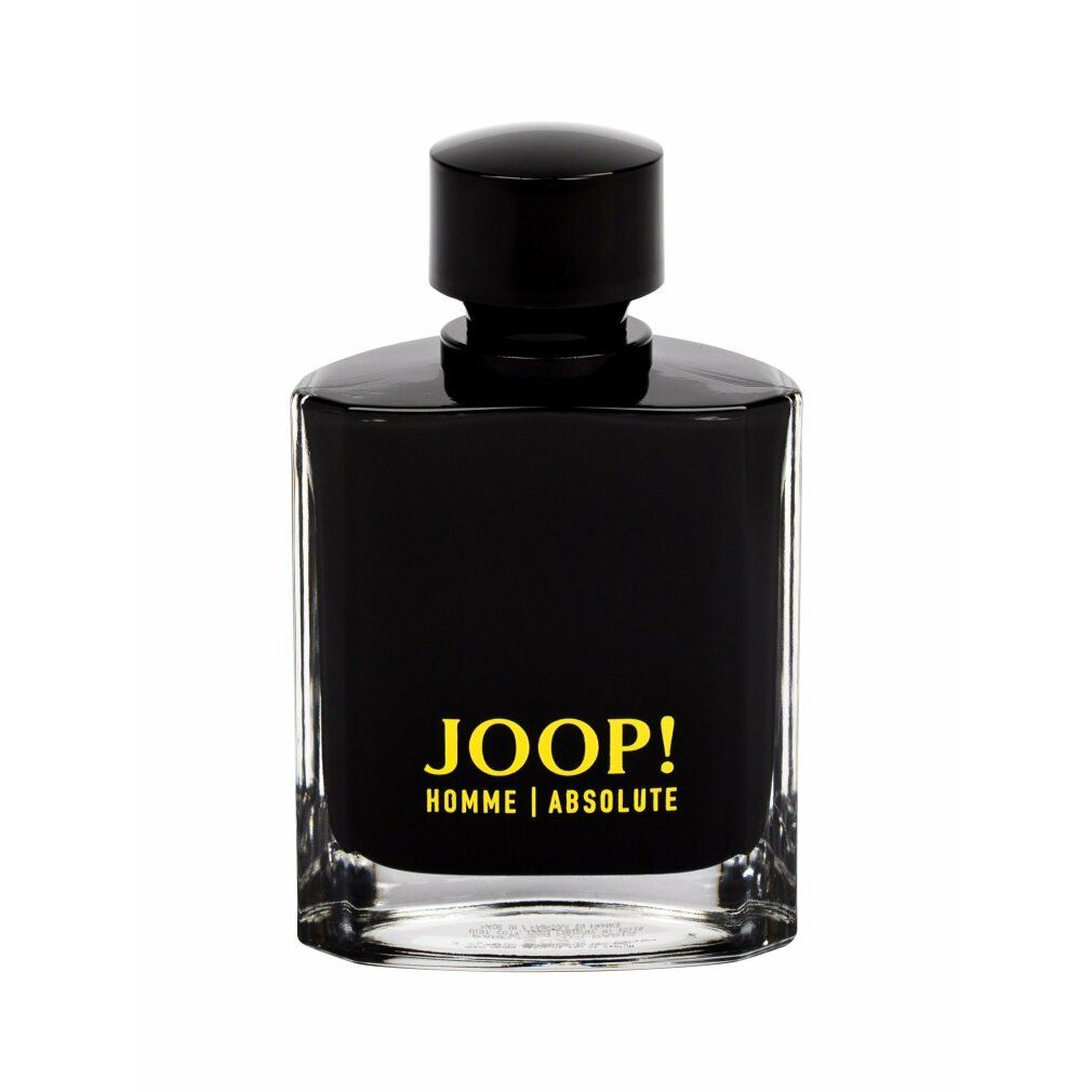 Flacon noir avec inscription jaune JOOP! HOMME | ABSOLUTE. Bouchon noir. Forme rectangulaire.