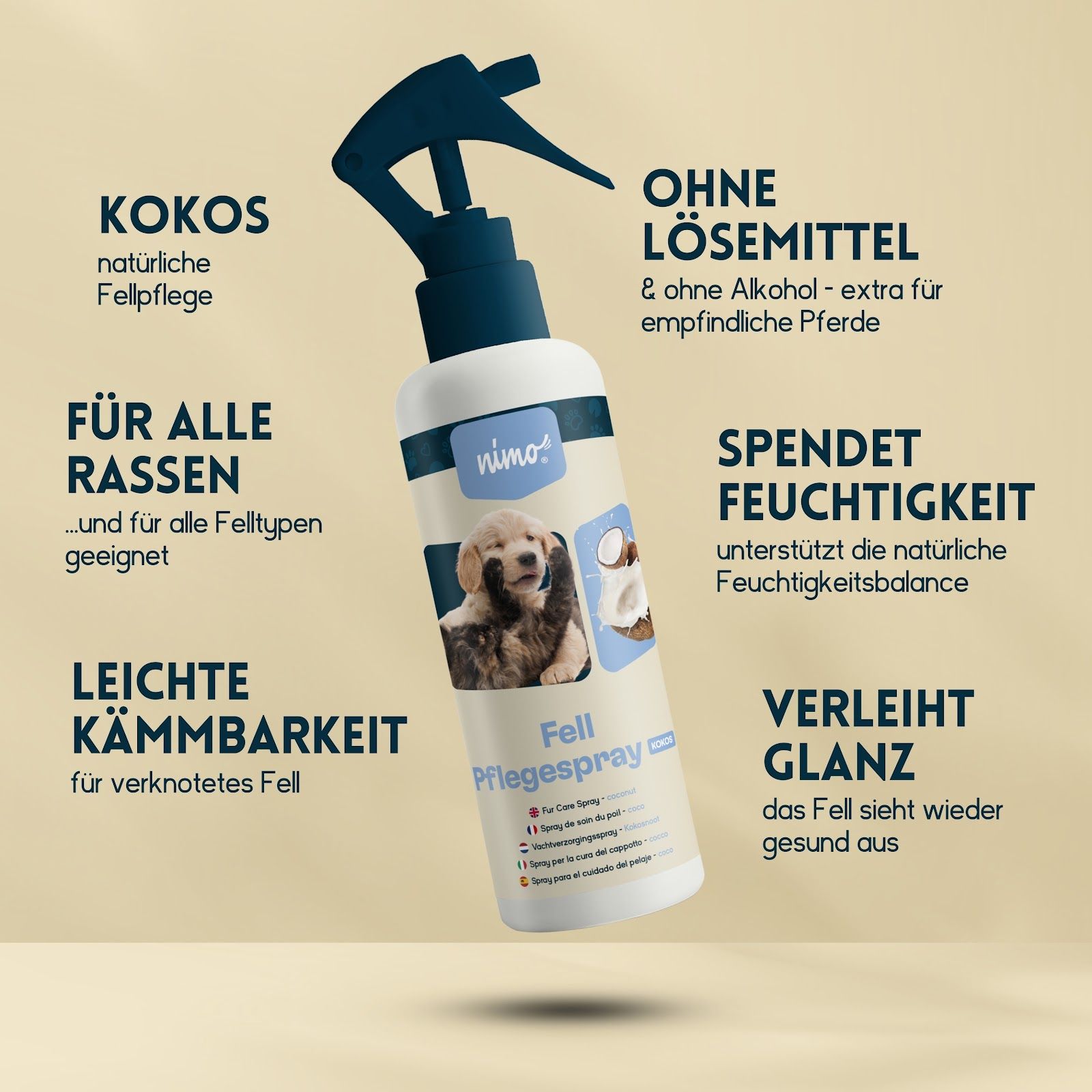 nimo® spray de soin du pelage à la noix de coco pour chiens et chats