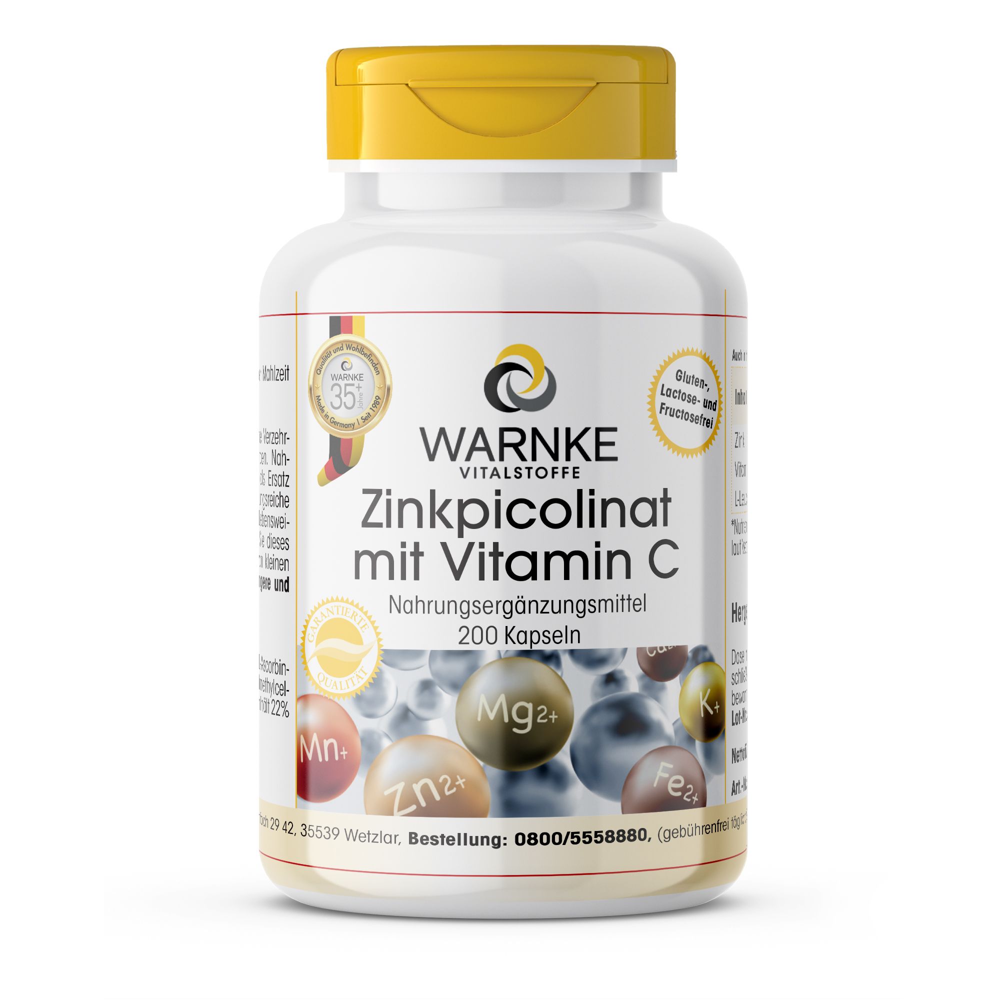 Witte pilfles met gele dop. Opschrift: Warnke Vitalstoffe Zinkpicolinaat met vitamine C. 200 capsules. Voedingssupplement.