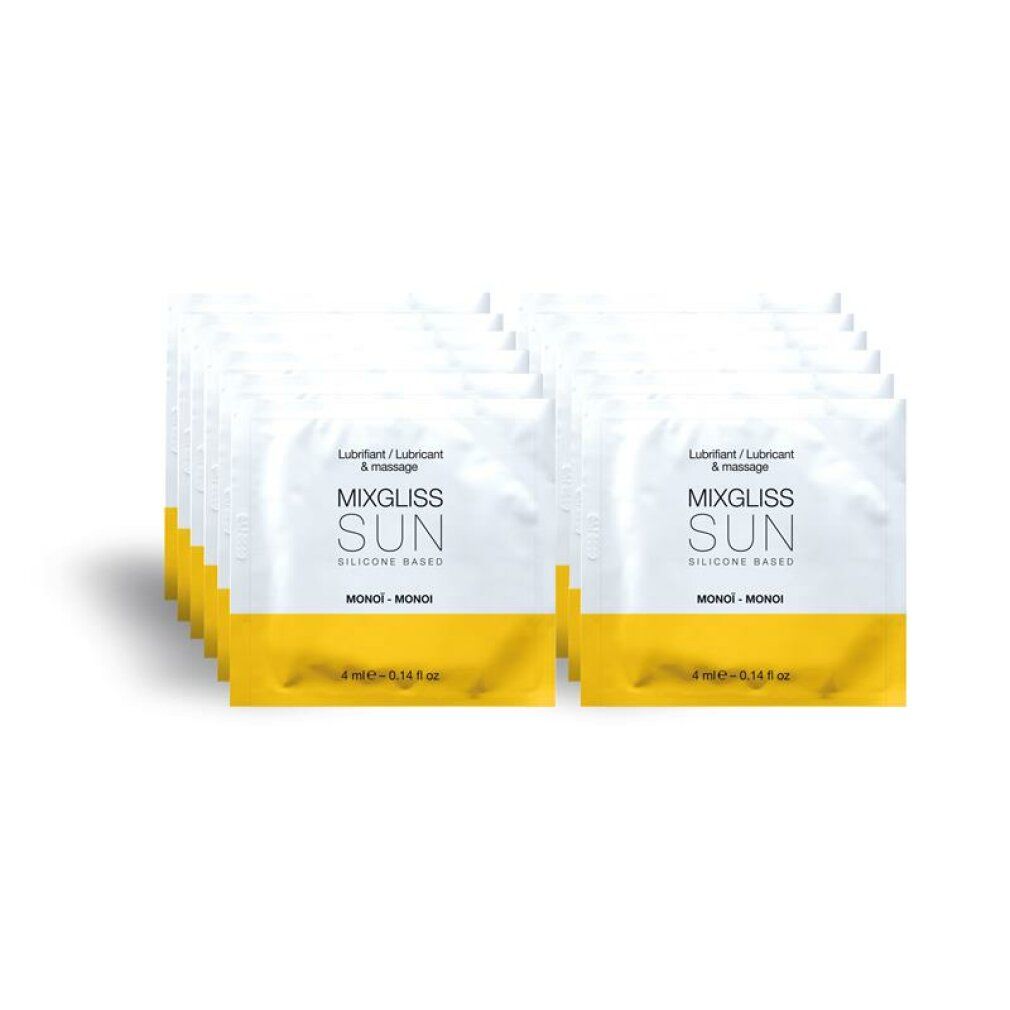 Plusieurs sachets individuels avec bande jaune. Inscription: MIXGLISS SUN, SILICONE BASED, MONOI. 4 ml.
