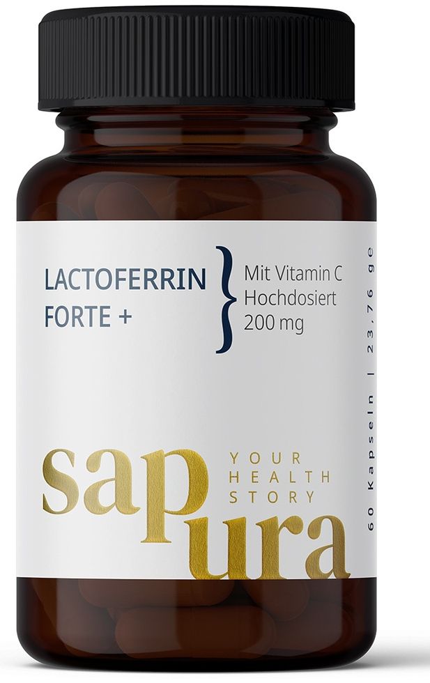 Bruine capsule met Lactoferrin Forte + en Vitamine C, 200 mg, 60 capsules.