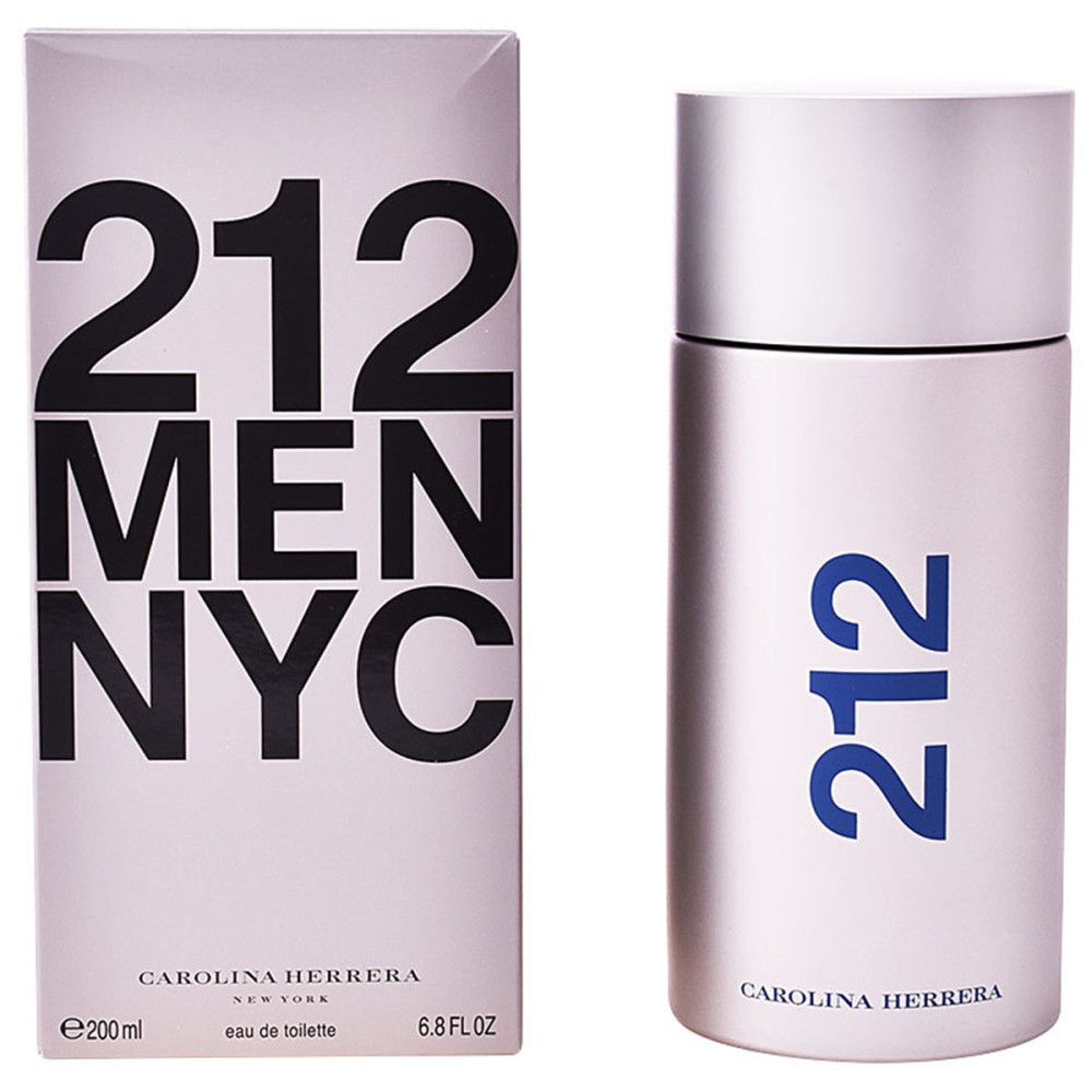 Carolina Herrera 212 Men Eau de Toilette. Flacon et emballage. Flacon argenté avec inscription bleue 212. Emballage avec inscription 212 MEN NYC.