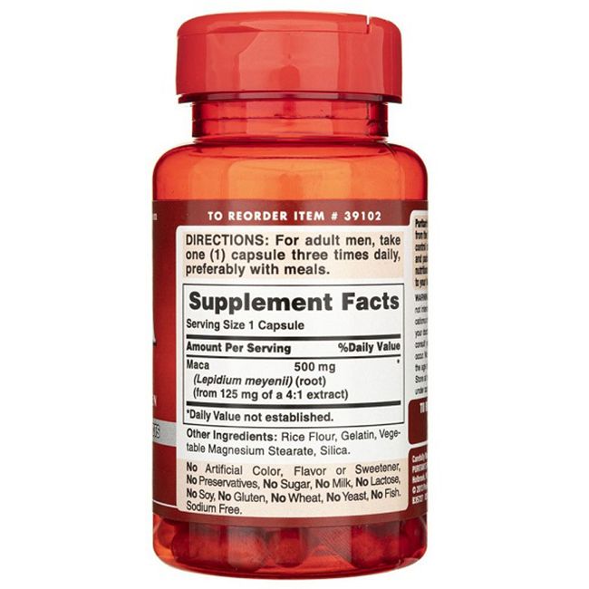 Achterkant van de Puritan's Pride Maca 500 mg fles met voedingsfeiten en ingrediënten.