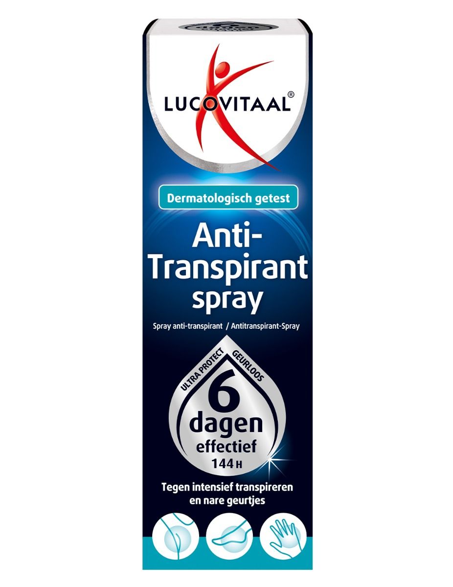 Flacon de spray anti-transpirant. Emballage blanc et bleu avec logo et nom du produit. '6 dagen effectief' et illustrations.