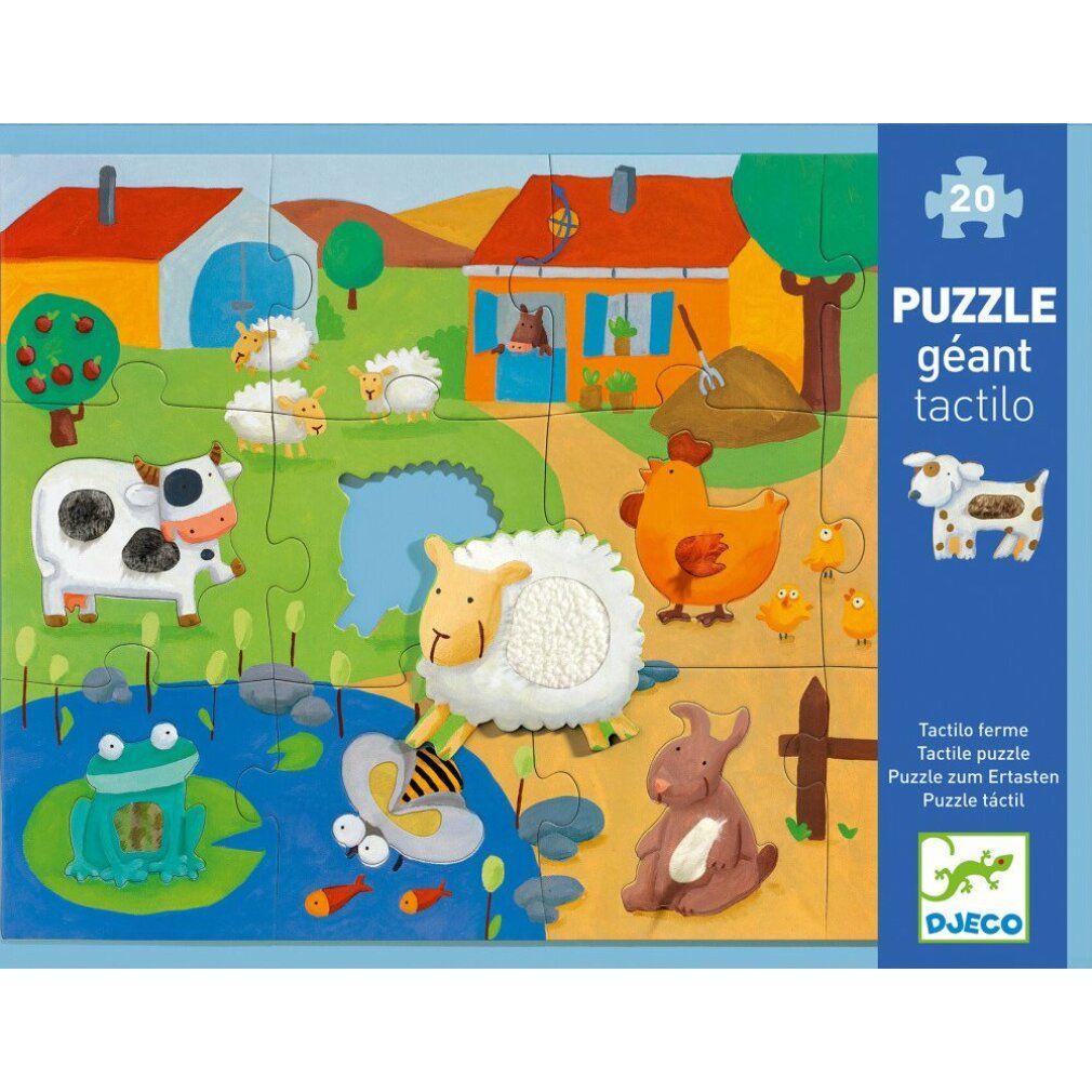 Puzzle de ferme de 20 pièces avec des animaux comme des moutons, des vaches et des poules. Certaines pièces sont tactiles.