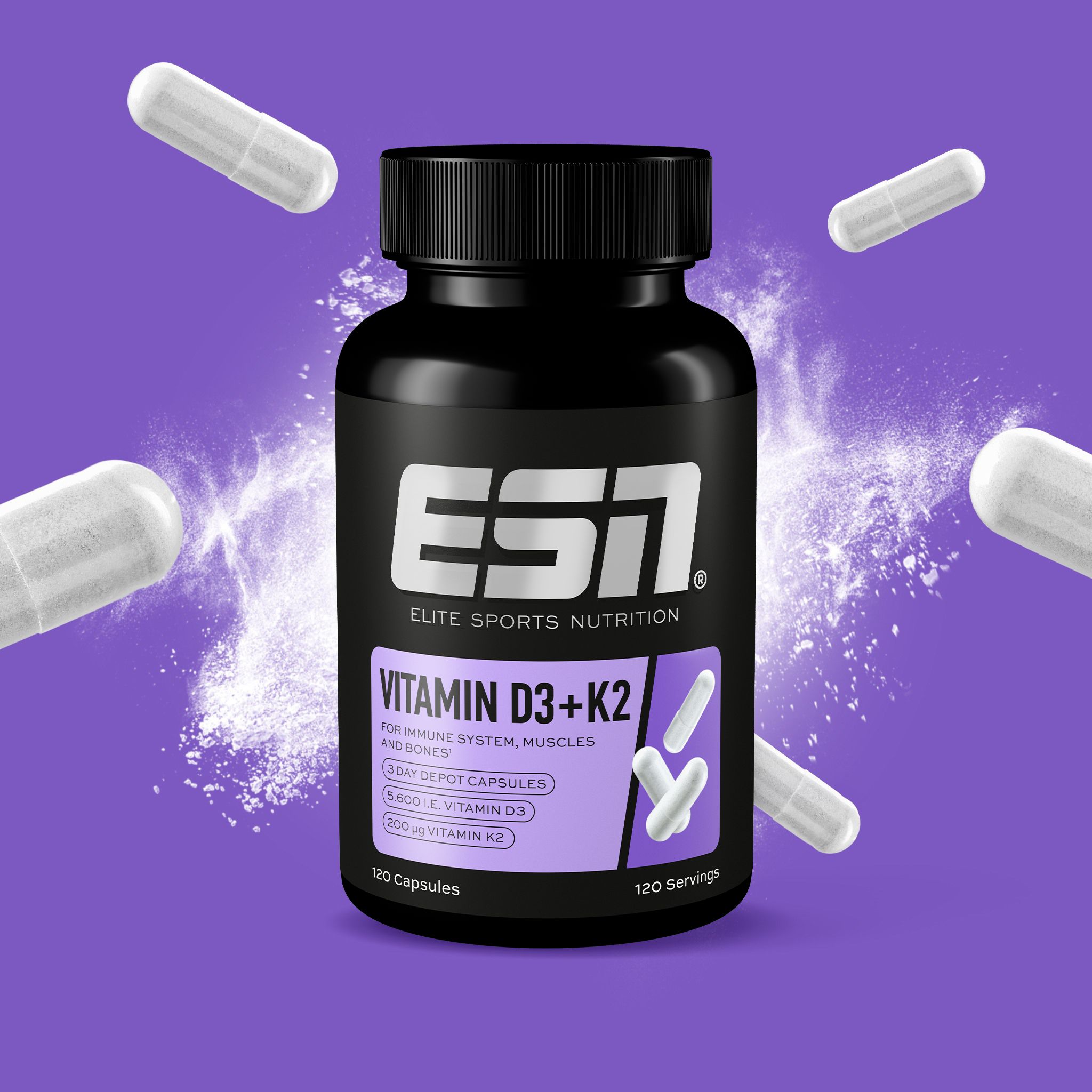 Zwarte pot met ESN Vitamine D3+K2 capsules, omringd door losse capsules op paarse achtergrond.