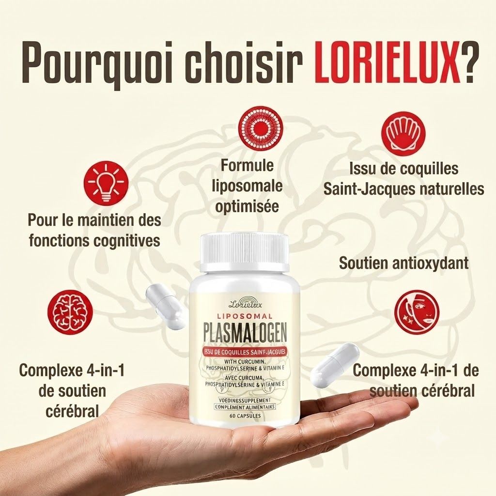 Une main tient une bouteille blanche du produit "PLASMALOGEN LIPOSOMAL". Des capsules et des icônes sont visibles.