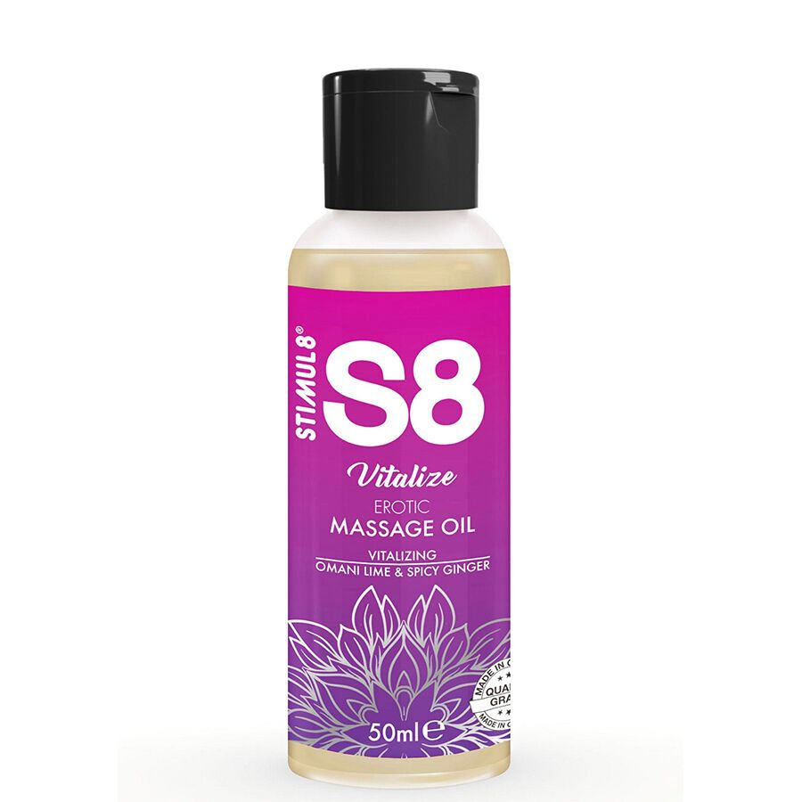Flacon S8 Vitalize Huile de Massage Érotique, 50ml, à la lime et au gingembre.