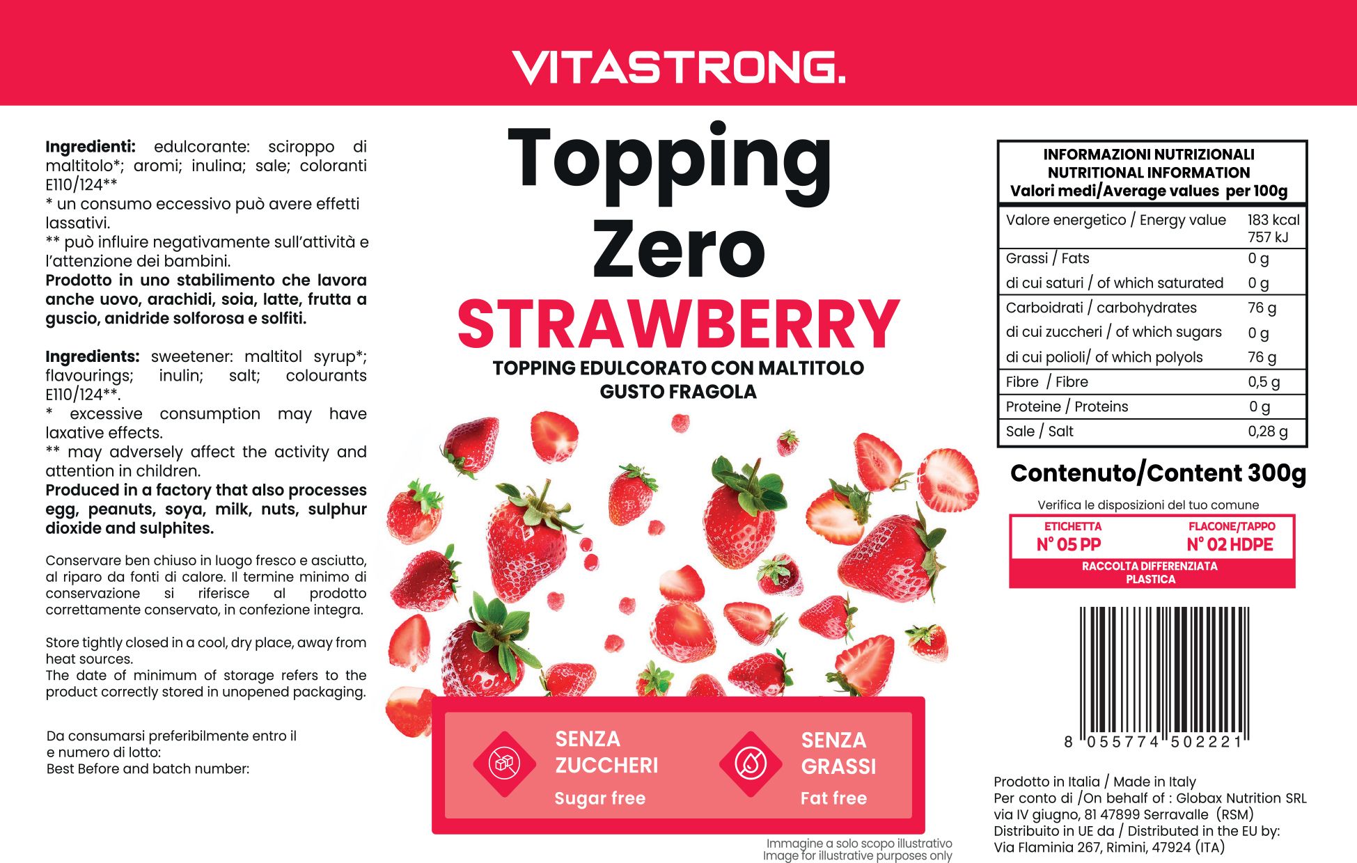Etiket met productinformatie. Tekst: Vitastrong, Topping Zero, Aardbei. Illustraties van aardbeien.