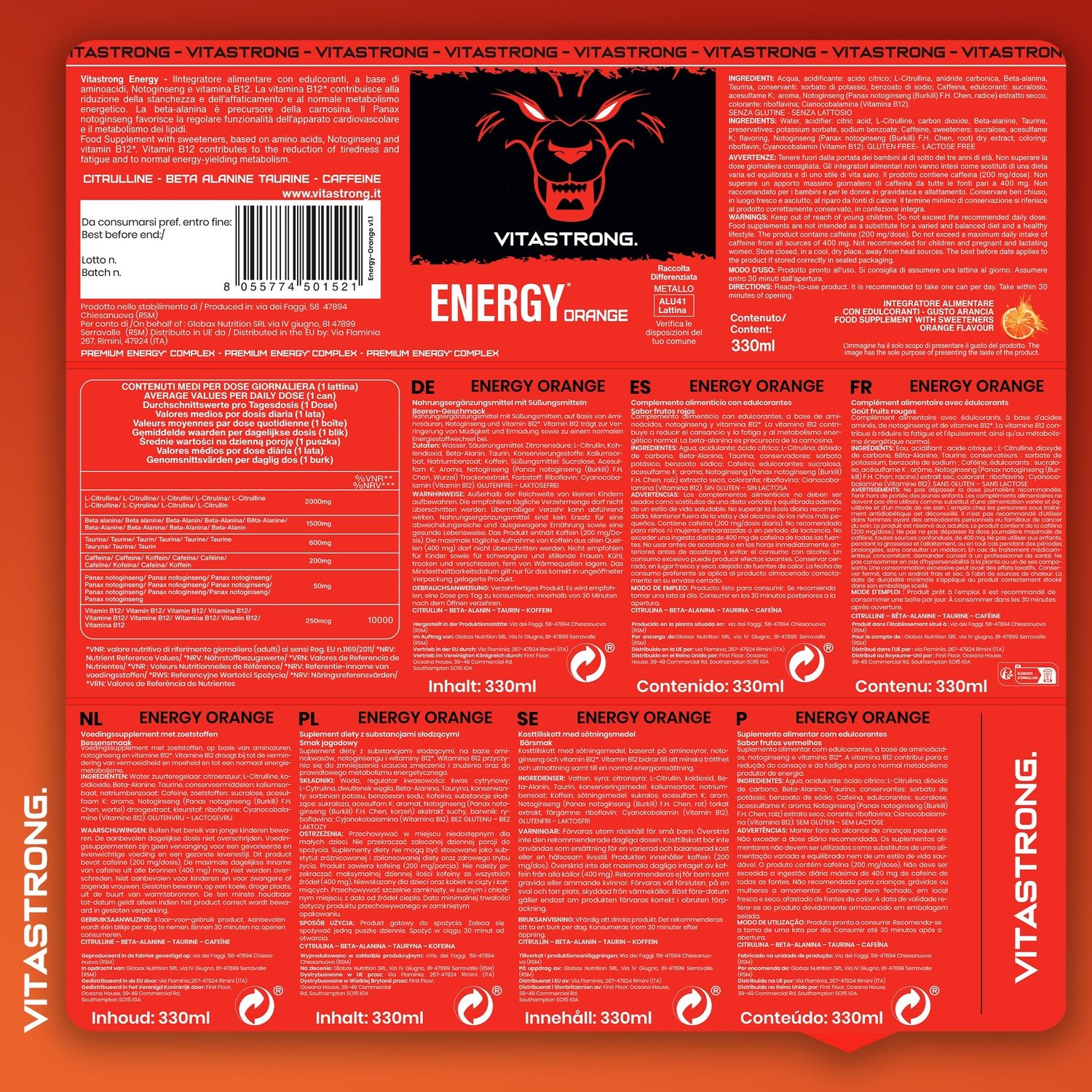 Vitastrong Energy Orange. Verso de l'emballage. Texte en plusieurs langues.