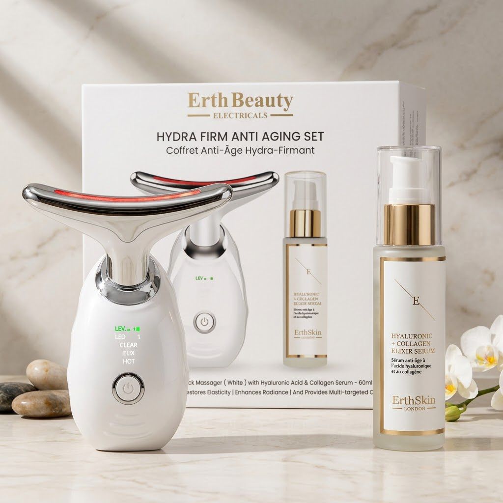Erth Skin London Hydra Firm Anti-Aging Set met twee nek LED-massagers en hyaluronzuur collageen elixer serum.
