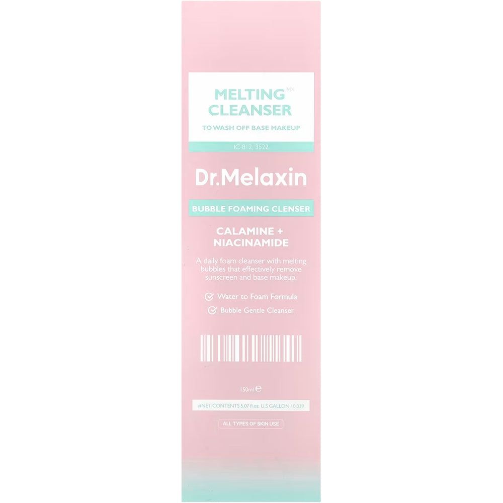 Verpakking van de Dr. Melaxin Bubble Foaming Cleanser met productinformatie.