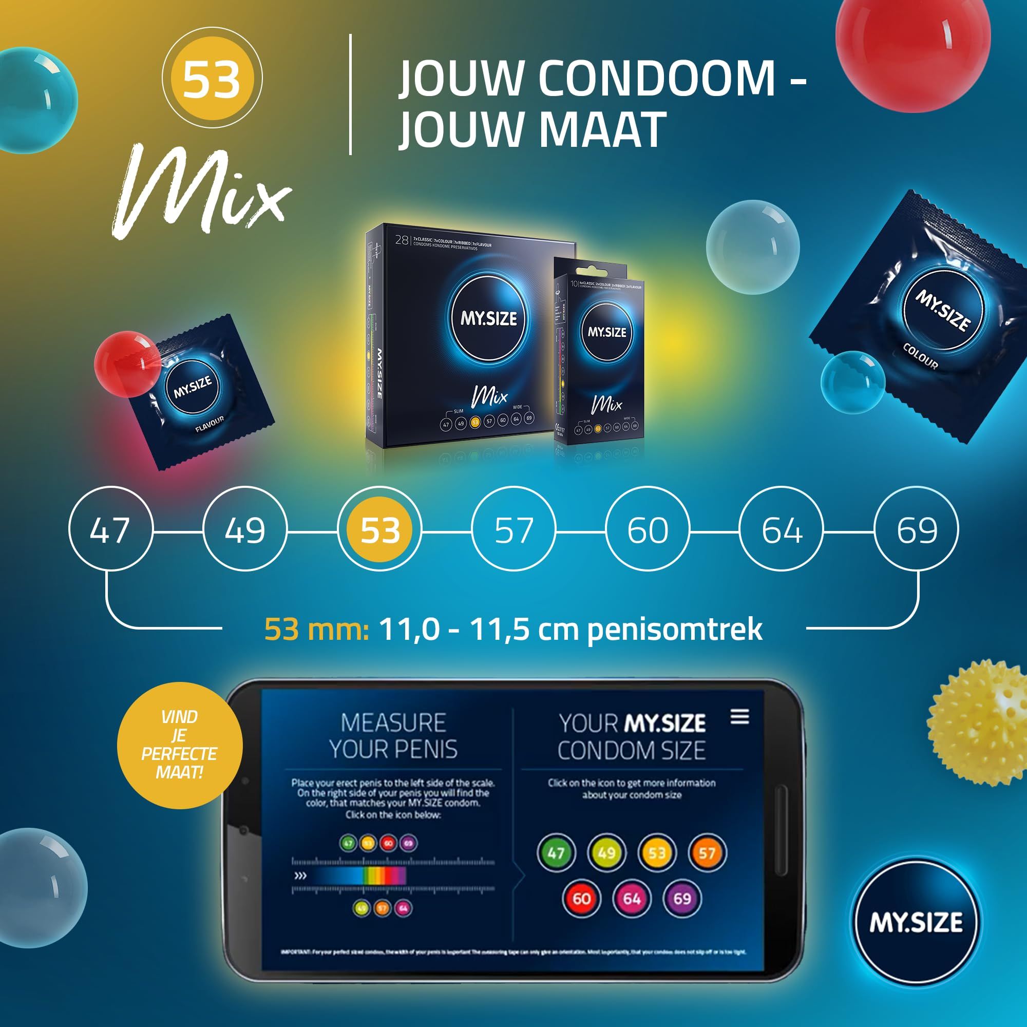 MY.SIZE condoom, maat 53mm, blauw, van natuurlijke latex, 0,07mm dun.