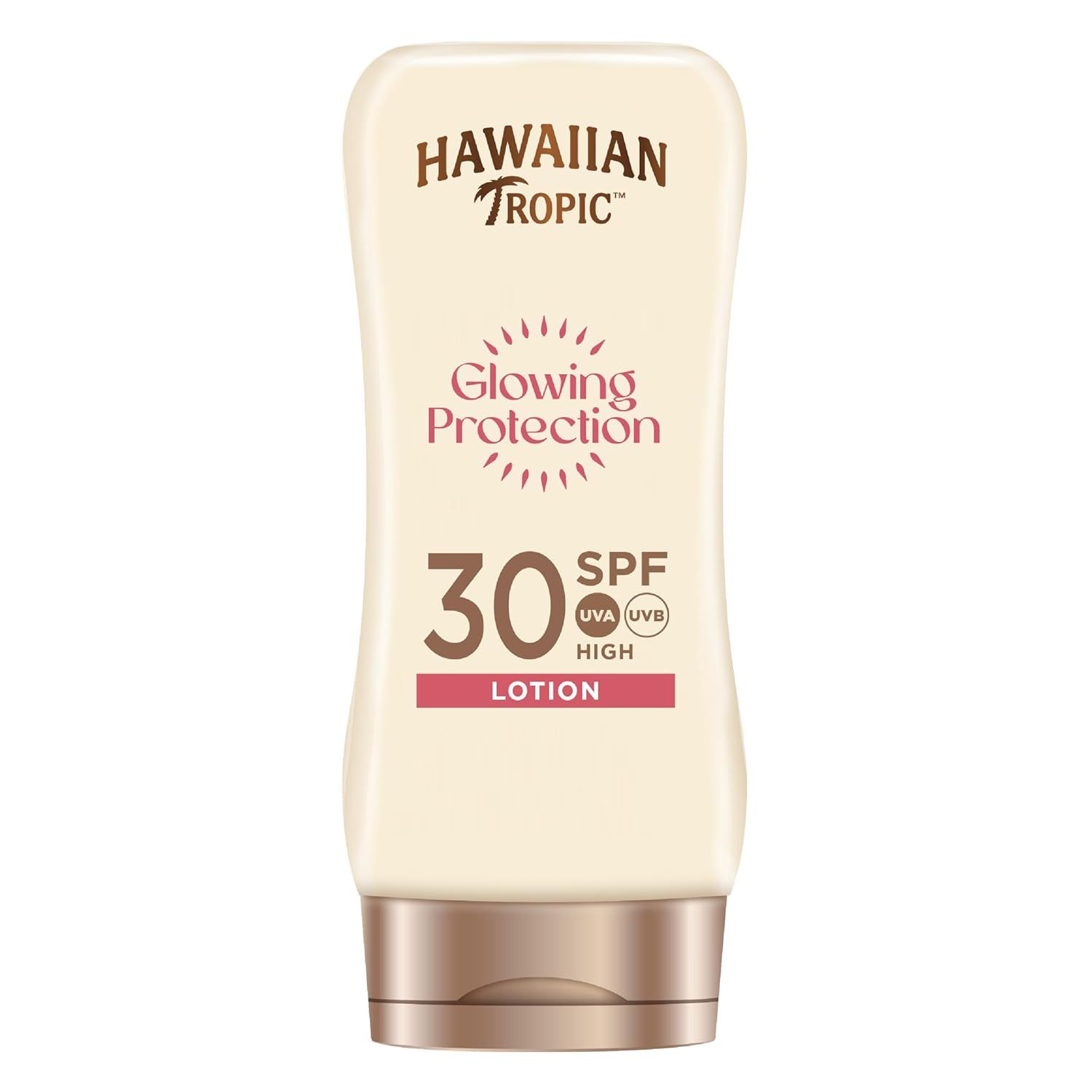 Lotion solaire SPF 30. Marque: Hawaiian Tropic. Inscription: Glowing Protection, Lotion. Bouteille avec bouchon marron.