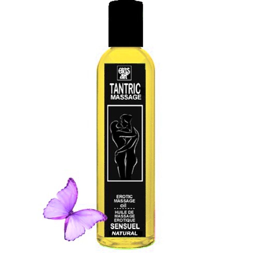 Huile de massage tantrique jaune dans une bouteille transparente avec bouchon noir. Étiquette avec un couple et un papillon.