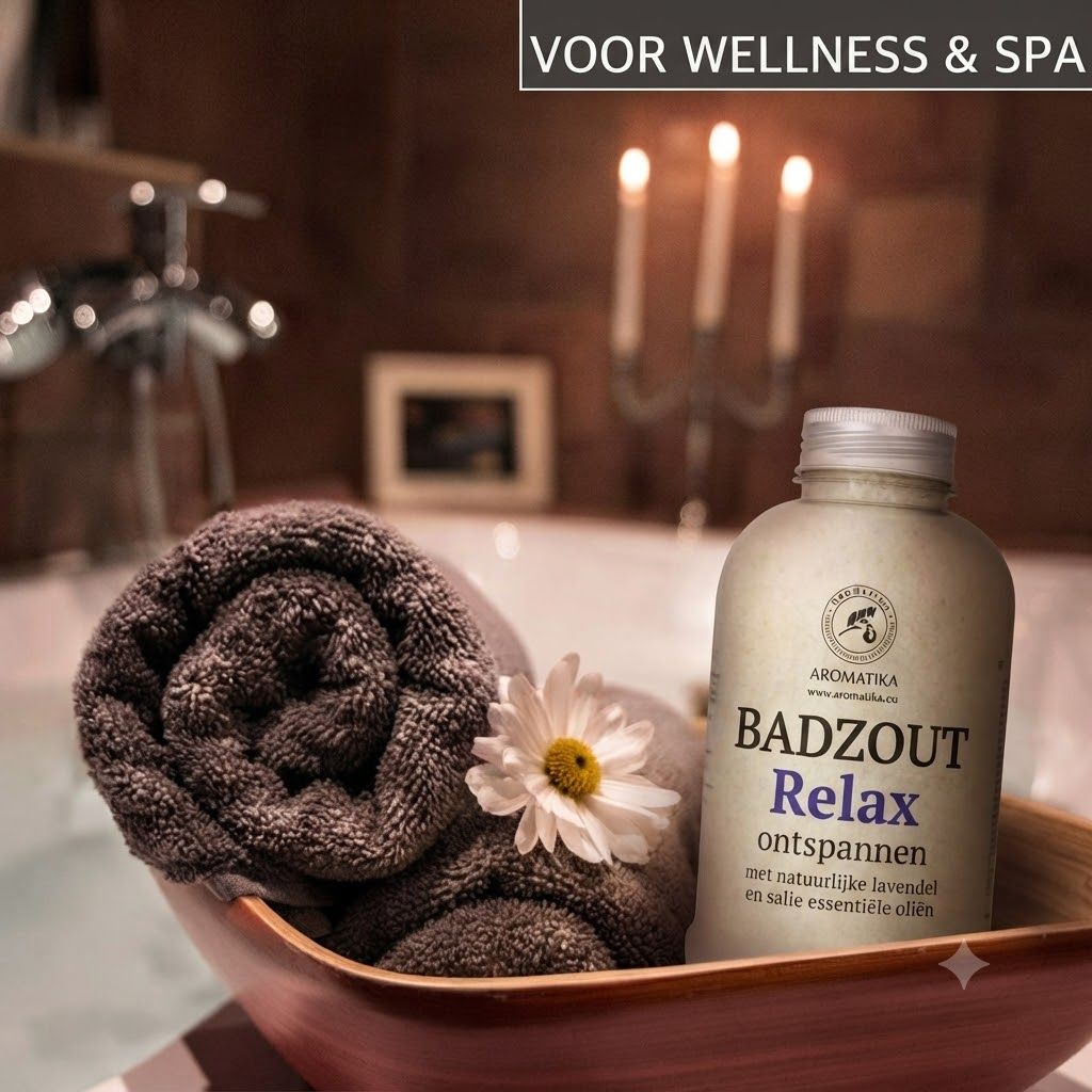 Fles badzout 'Relax' naast een opgerolde handdoek en bloem in een houten schaal.