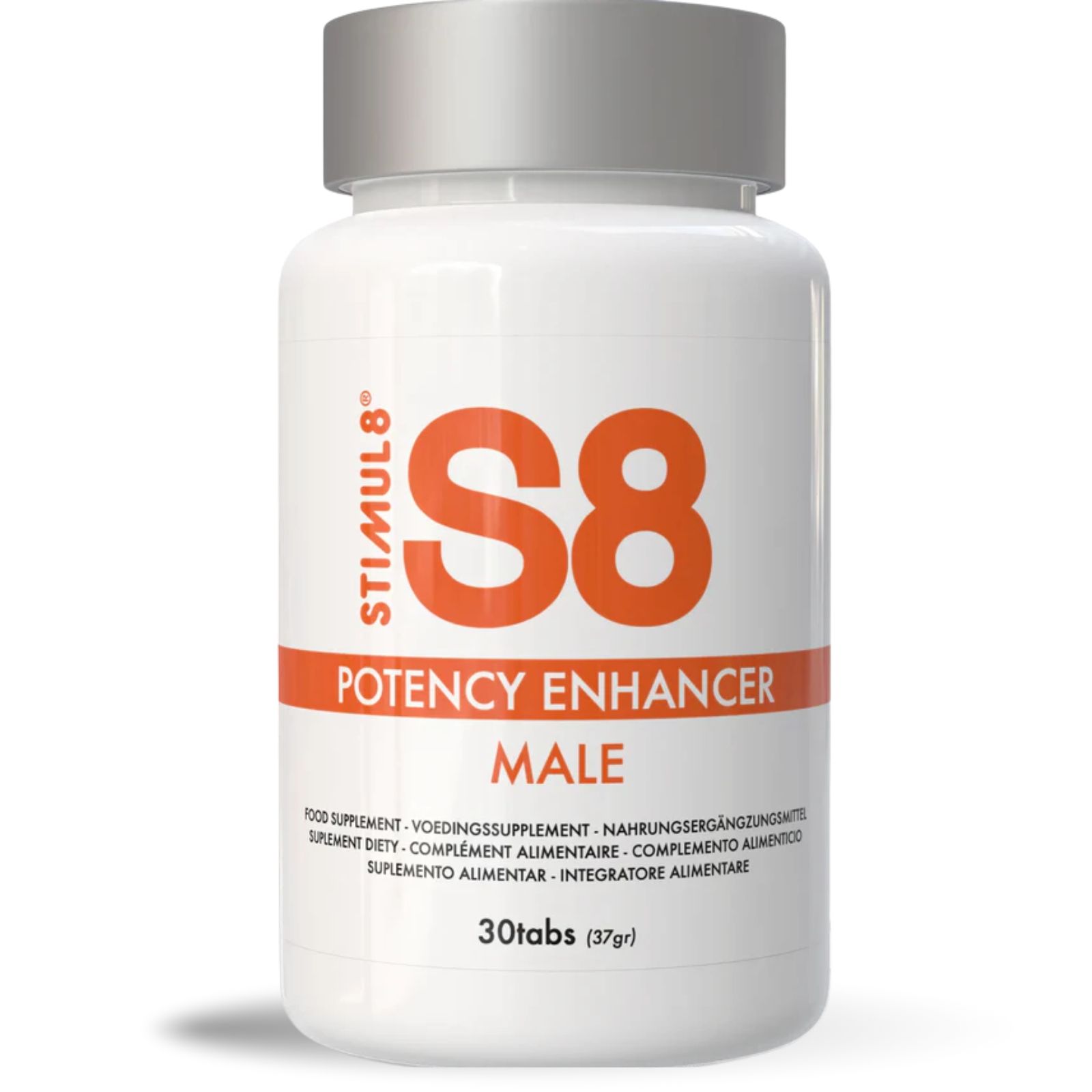 Witte fles met oranje etiket. Opschrift: S8 Potency Enhancer Male. 30 tabletten.