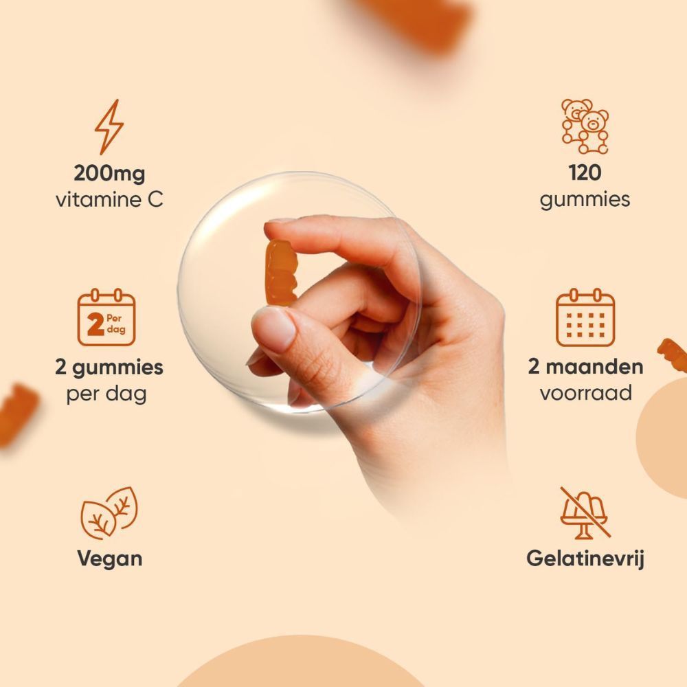 Hand houdt een gummy vast. Tekst: 2 gummies per dag, vegan, 2 maanden voorraad, glutenvrij.
