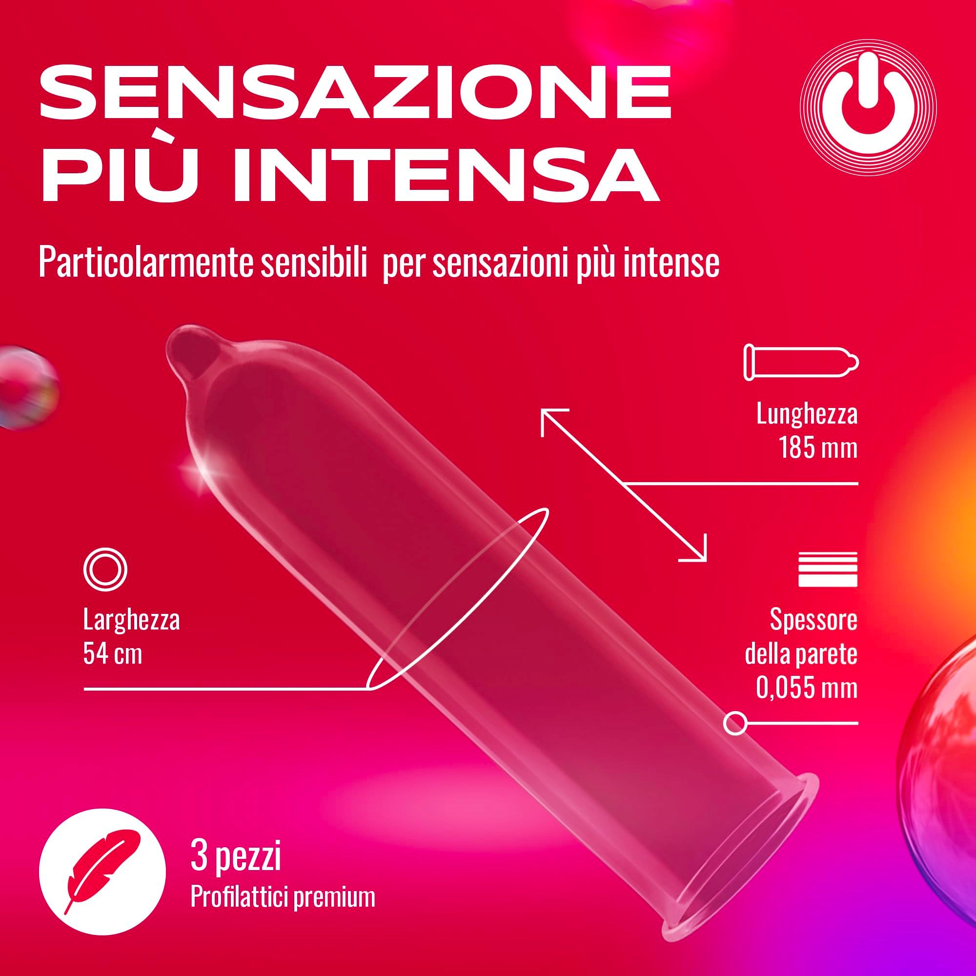 Préservatif ON Super Thin: 54mm de large, 185mm de long, 0,055mm d'épaisseur. Pour sensations intenses.