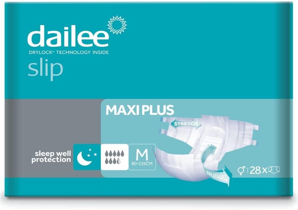 Paquet de Dailee Slip Maxi Plus. Turquoise et blanc. Taille M, 80-135cm. 28 pièces. Protection de sommeil.