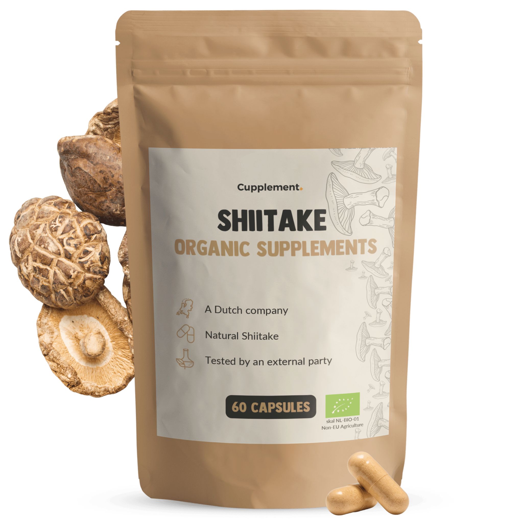 Bruine zak met shiitake paddenstoelen en capsules. Tekst: "Shiitake Organic Supplements". 60 capsules. Bio-certificering.