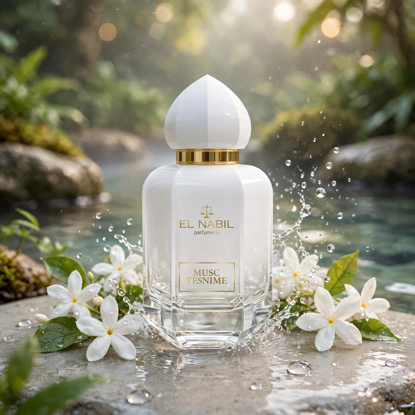 Bouteille en verre blanc avec bouchon doré et étiquette 'MUSC TESNIME'.