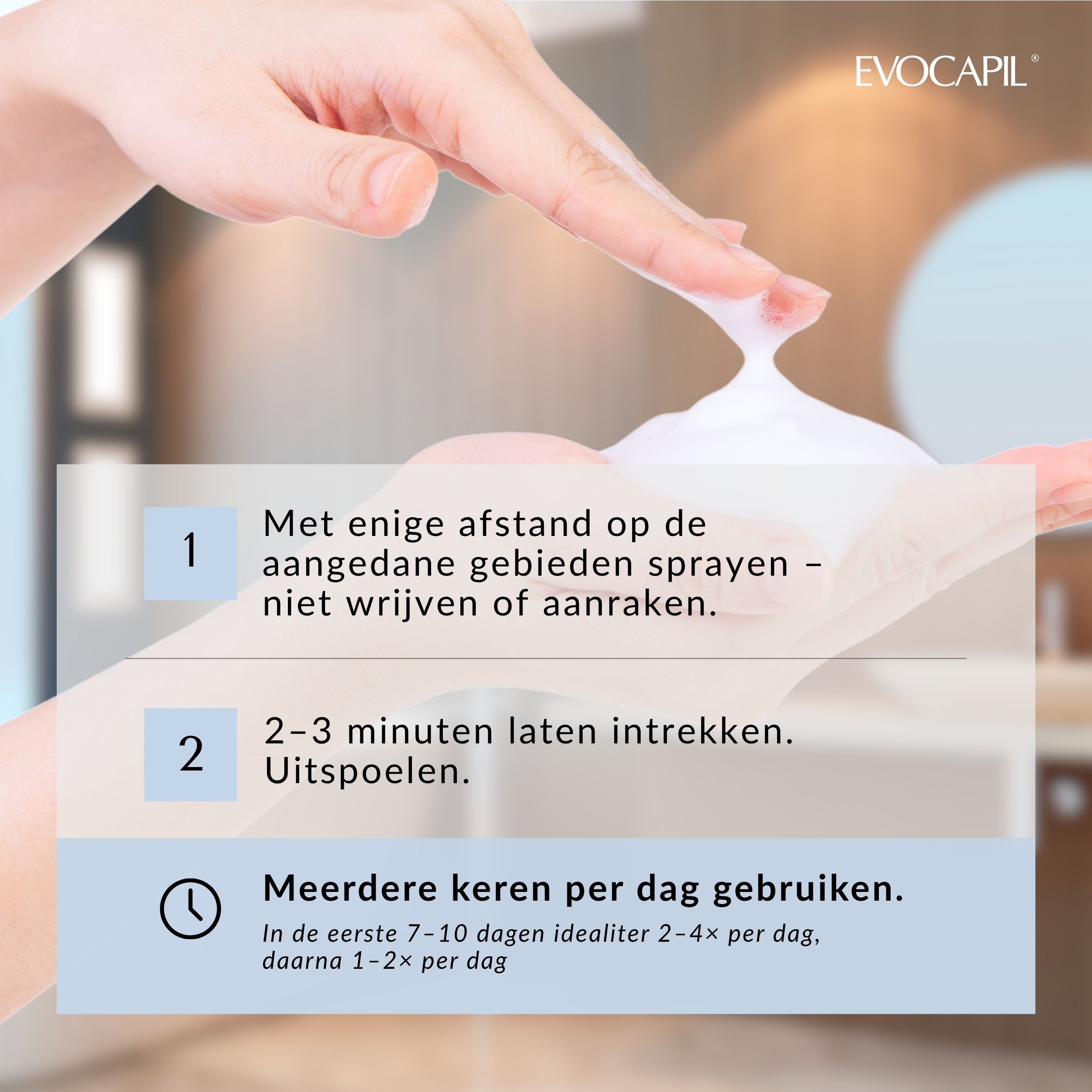 Gebruiksaanwijzing. Sprayen op de getroffen gebieden, 2-3 minuten laten inwerken, uitspoelen. Meerdere keren per dag gebruiken.