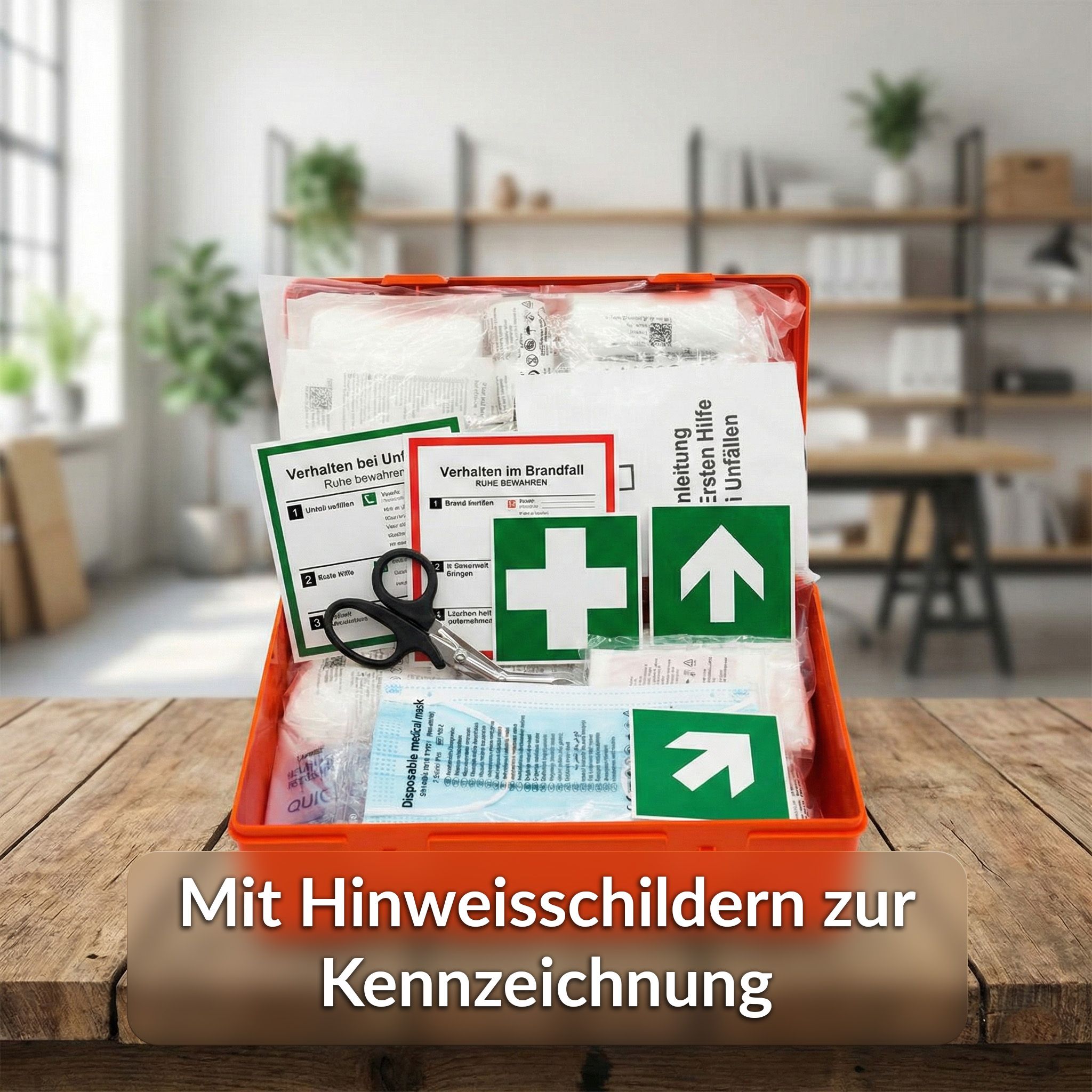 Trousse de premiers secours rouge, ouverte, avec contenu. Sur une table. Panneaux de signalisation pour le marquage.