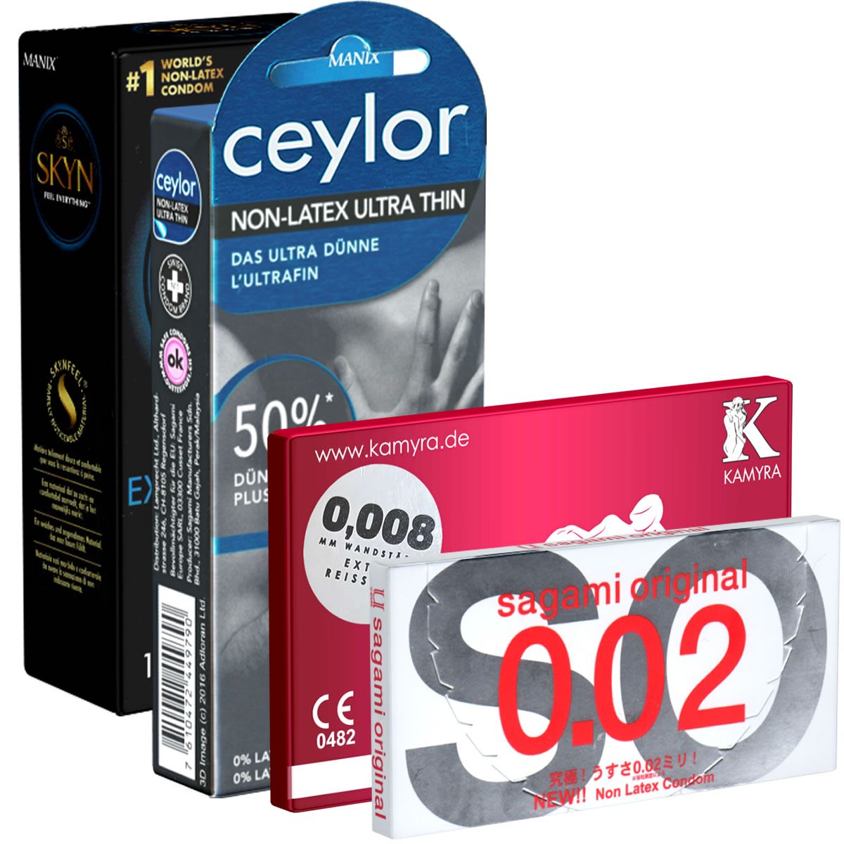 Verschillende condoomsverpakkingen. Merken: Skyn, Ceylor, Kamryra, Sagami. Ceylor: Ultra dun. Kamryra: 0,008 mm. Sagami: 0.02. Allemaal latexvrij.