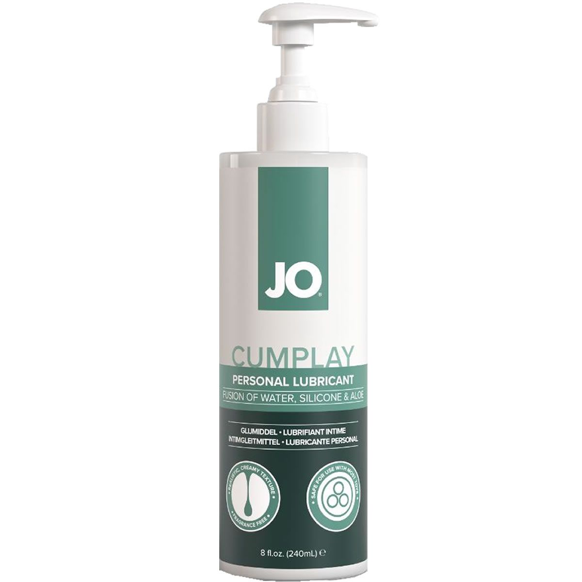 Fles met pomp. Opschrift "JO CUMPLAY PERSONAL LUBRICANT". Bevat water, siliconen en aloë vera. 240ml.