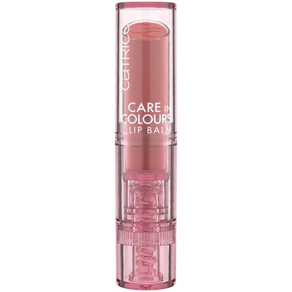 Baume à lèvres Catrice Care In Colours. Soin des lèvres rose transparent dans un boîtier rose transparent. Nom du produit et marque visibles.