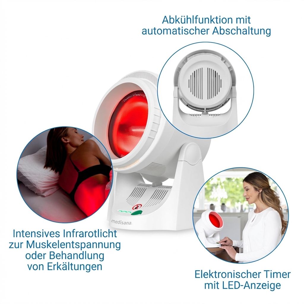 Infraroodlamp met koelfunctie, timer en gebruiksaanwijzing.
