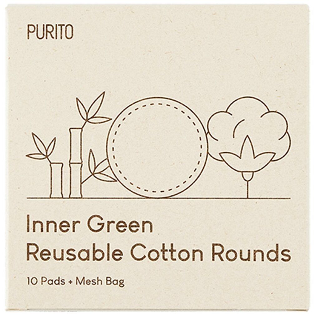 Emballage carré avec logo et inscription "Inner Green Reusable Cotton Rounds". Contient 10 tampons et un sac en filet.