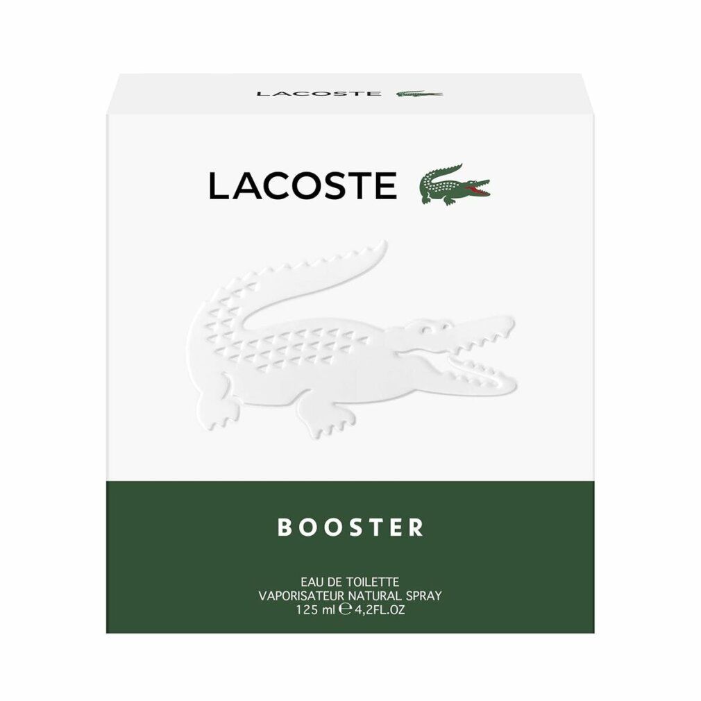 Fles van Lacoste Booster Eau de Toilette. Transparante glazen fles met groene dop en krokodil logo.