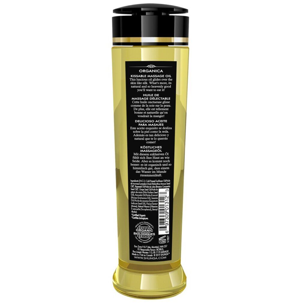 Arrière d'une bouteille d'huile de massage Shunga Organica avec ingrédients et sceaux.