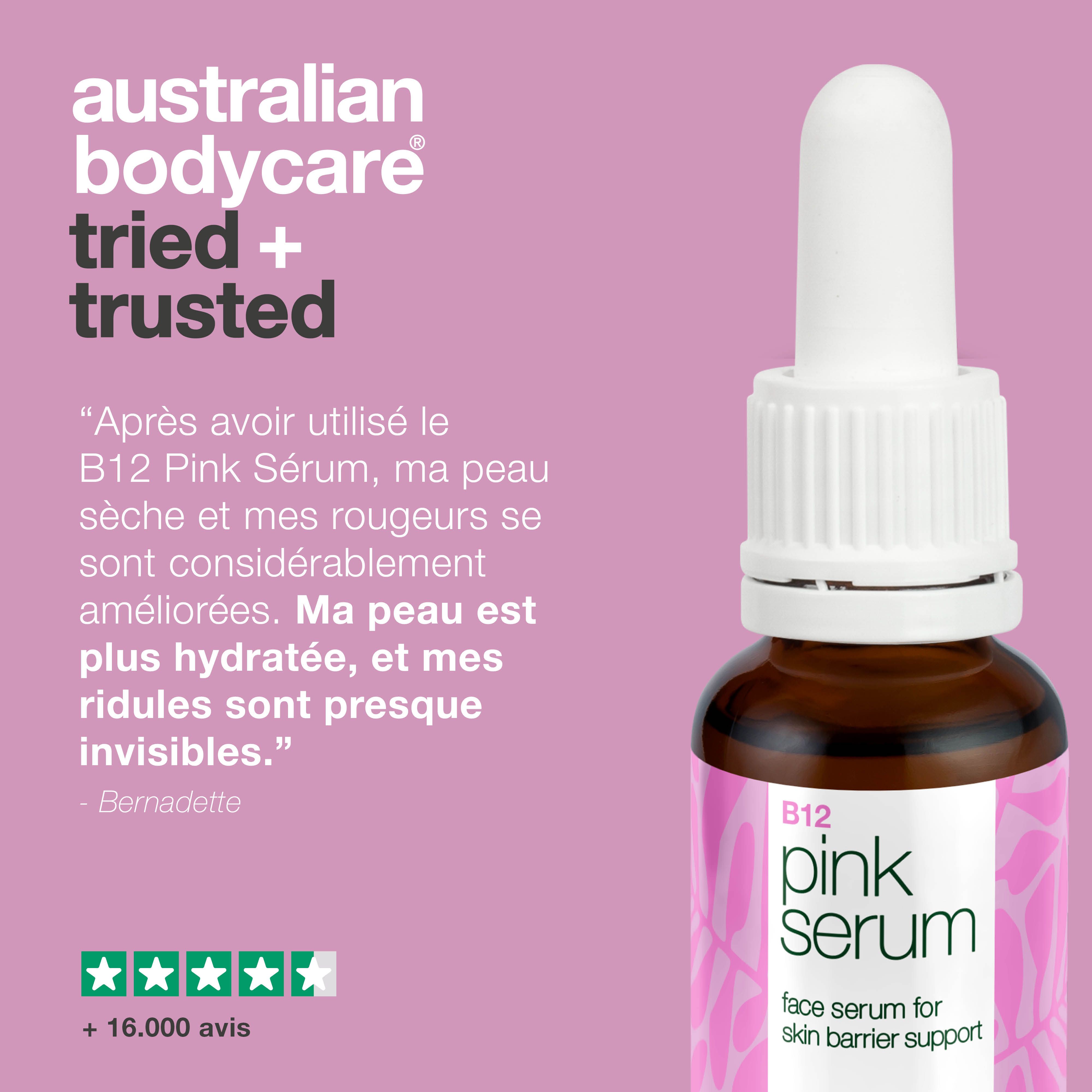 Flacon Pink Serum, fond rose. Citation: peau améliorée, rougeurs réduites. Évaluation étoiles.