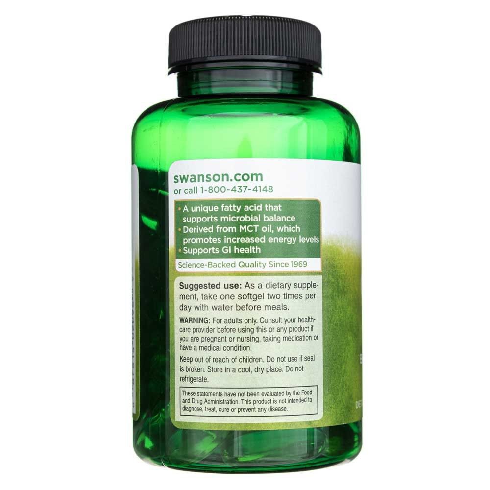 Achterkant van een groene fles met Caprylic Acid softgels, productvoordelen en gebruik.