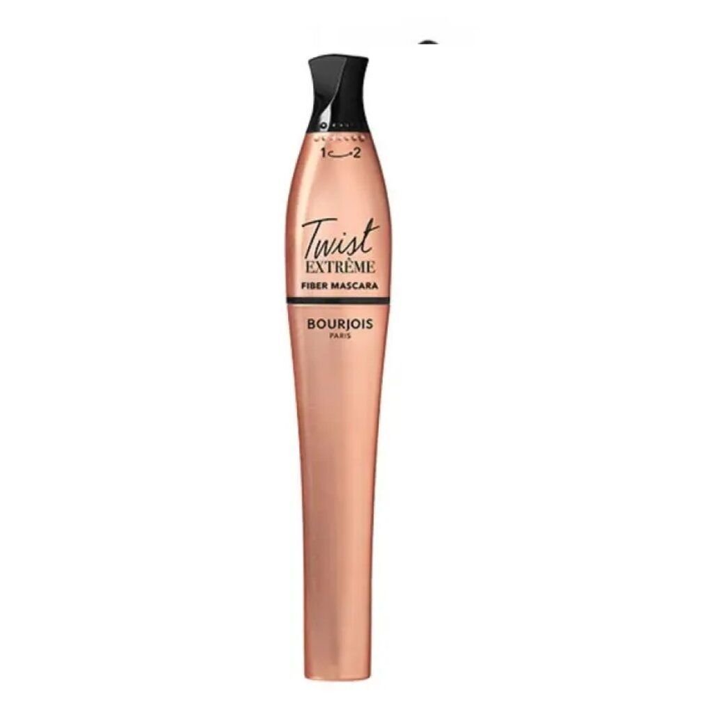 Bourjois Twist Extrême Fiber Mascara. Koperkleurige huls, zwarte dop. Tekst: Twist Extrême Fiber Mascara, Bourjois Paris.