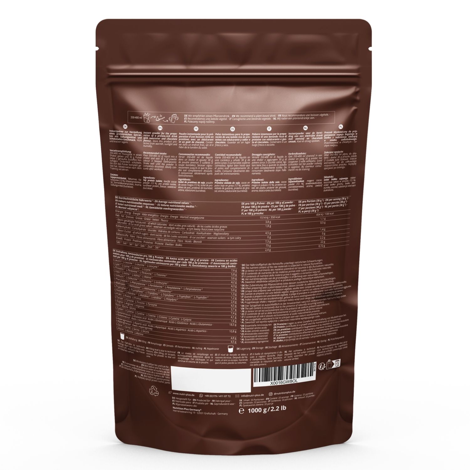 Achterkant van een bruine zak Vegan 3k Protein. Tekst: voedingswaarde, ingrediënten, fabrikantinfo, barcode. Gewicht: 1000 g / 2.2 lb.