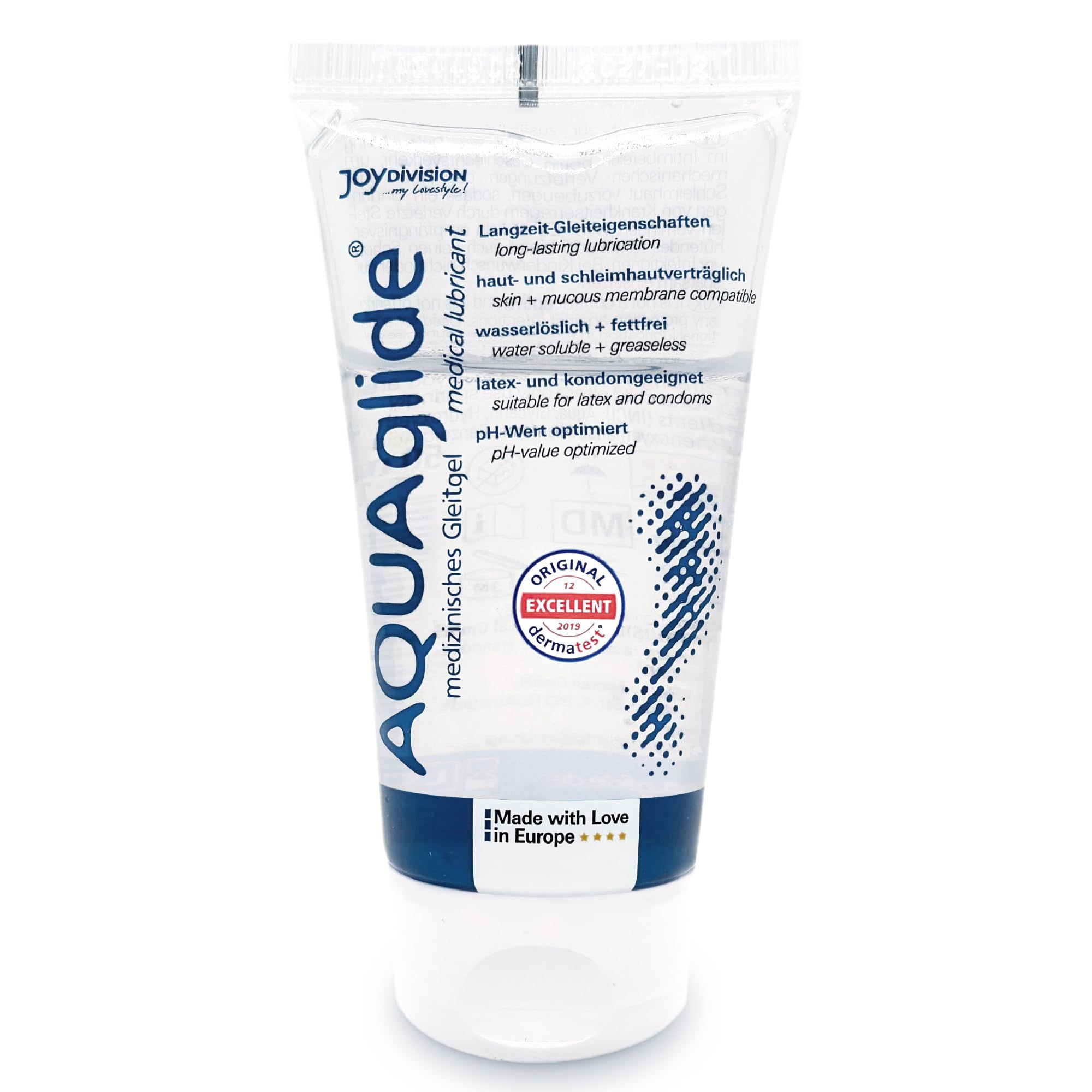 Aqua glide glijmiddel tube met dermatest zegel.
