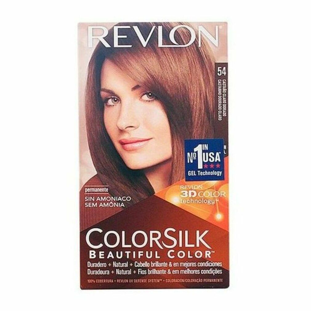 Verpakking Revlon Colorsilk 54 Hellgoldbraun. Vrouw met bruin haar. Productnaam en tint duidelijk zichtbaar.