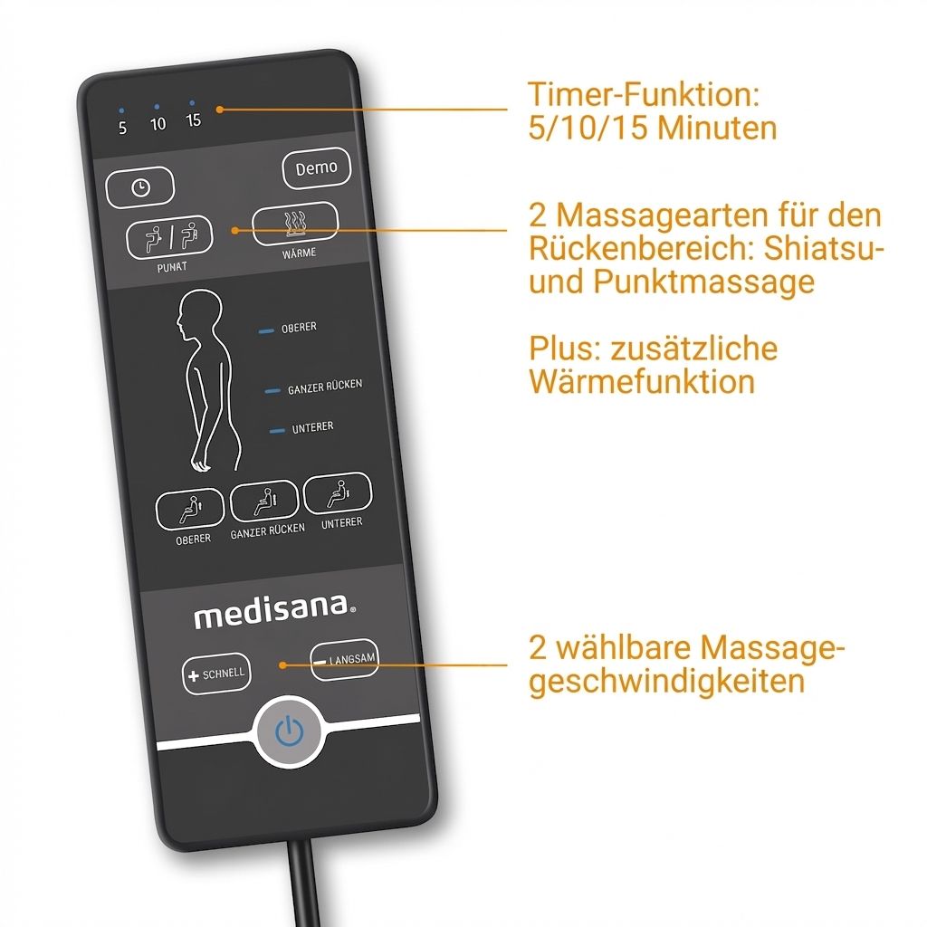 Afstandsbediening voor massagestoel met timer, massagetypes en snelheidsopties.